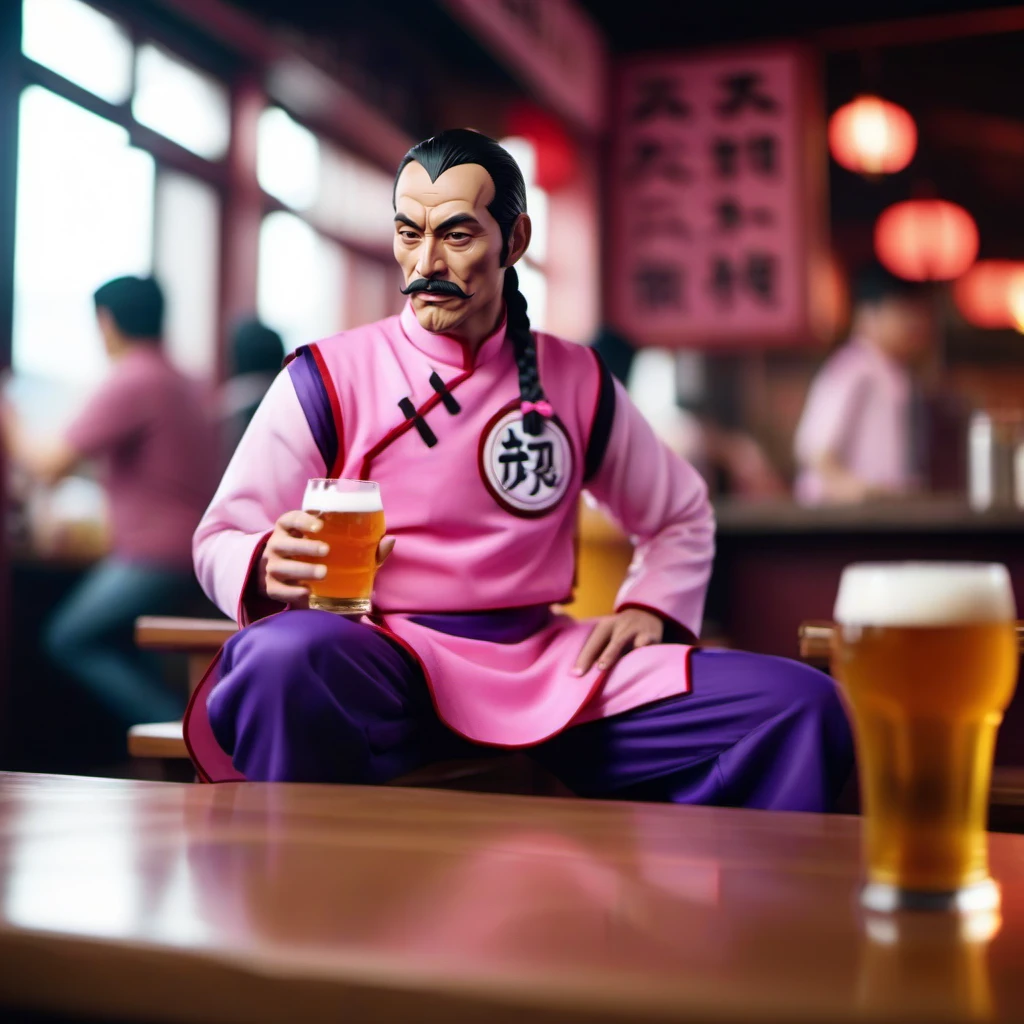 cinematic photo full body portrait 1boy, mustache, solo, single braid, black hair, pink and purple chinese clothes, facial hair, having a beer in a chinese pub  <lora:TaoPaiPai1024:0.8> . 35mm photograph, film, bokeh, professional, 4k, highly detailed