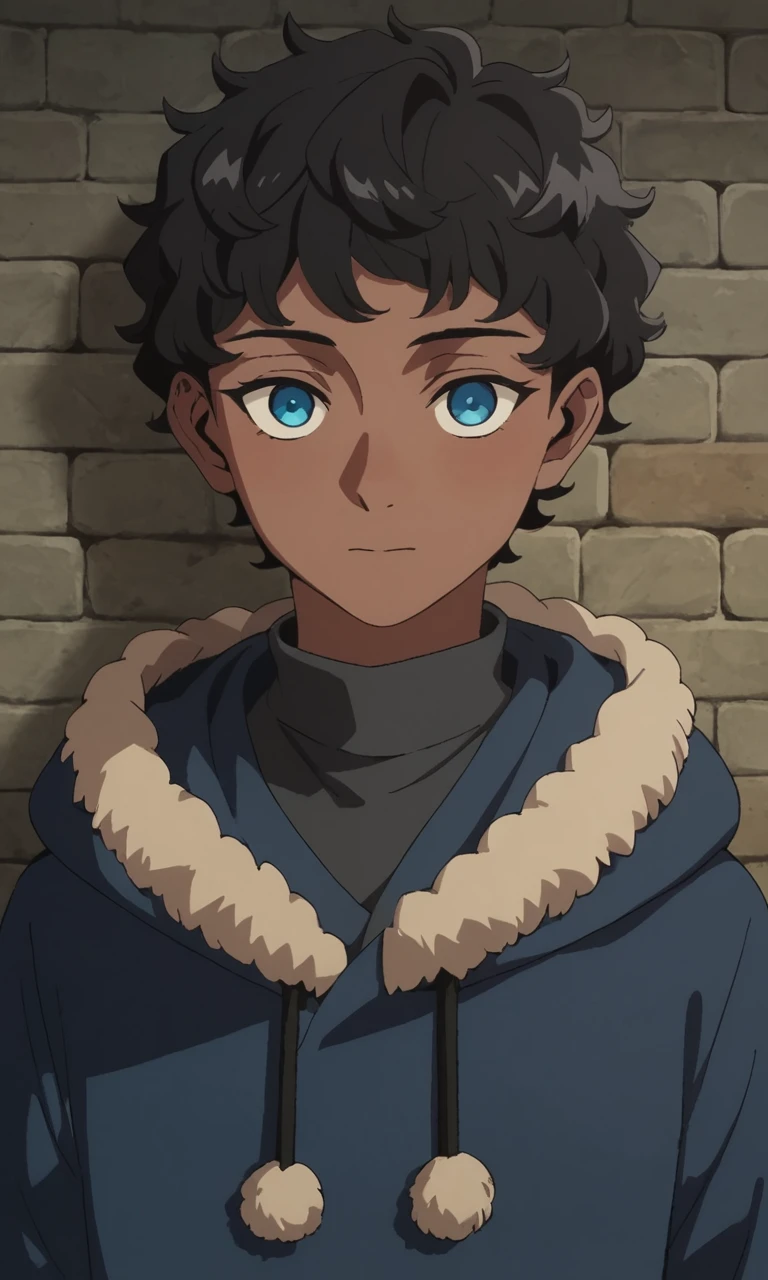 score_9, score_8_up, score_7_up, source_anime, masterpiece, best quality, lots of details, dungeon, volumetric lighting, BREAK
1boy, solo, 22 years old, femboy:0.1, adult, kabrudm, short hair, black hair, curly hair, blue eyes, dark skin, fur trim, coat, hood, blue coat, hood down