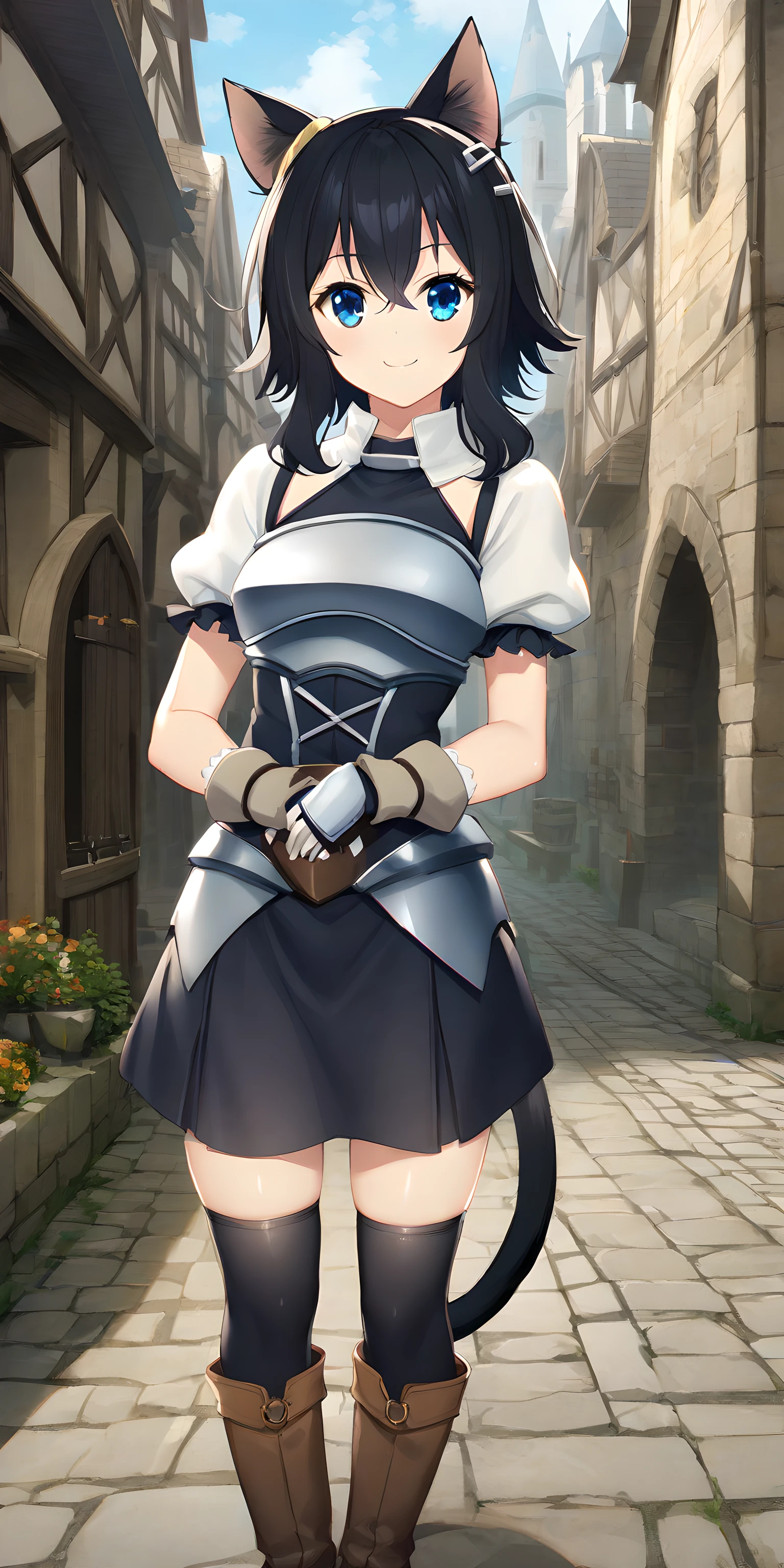 fran(tenken),1girl, solo, animal ears, cat ears, cat girl, cat tail, black hair, short hair, blue eyes, black thighhigh, hair between eyes, gloves, dress, chest plate, puffy sleeves, boots, full body, medieval city background, hands on waist, smile, zettai zyouiki, <lora:XL-Fran(TenKen):1>