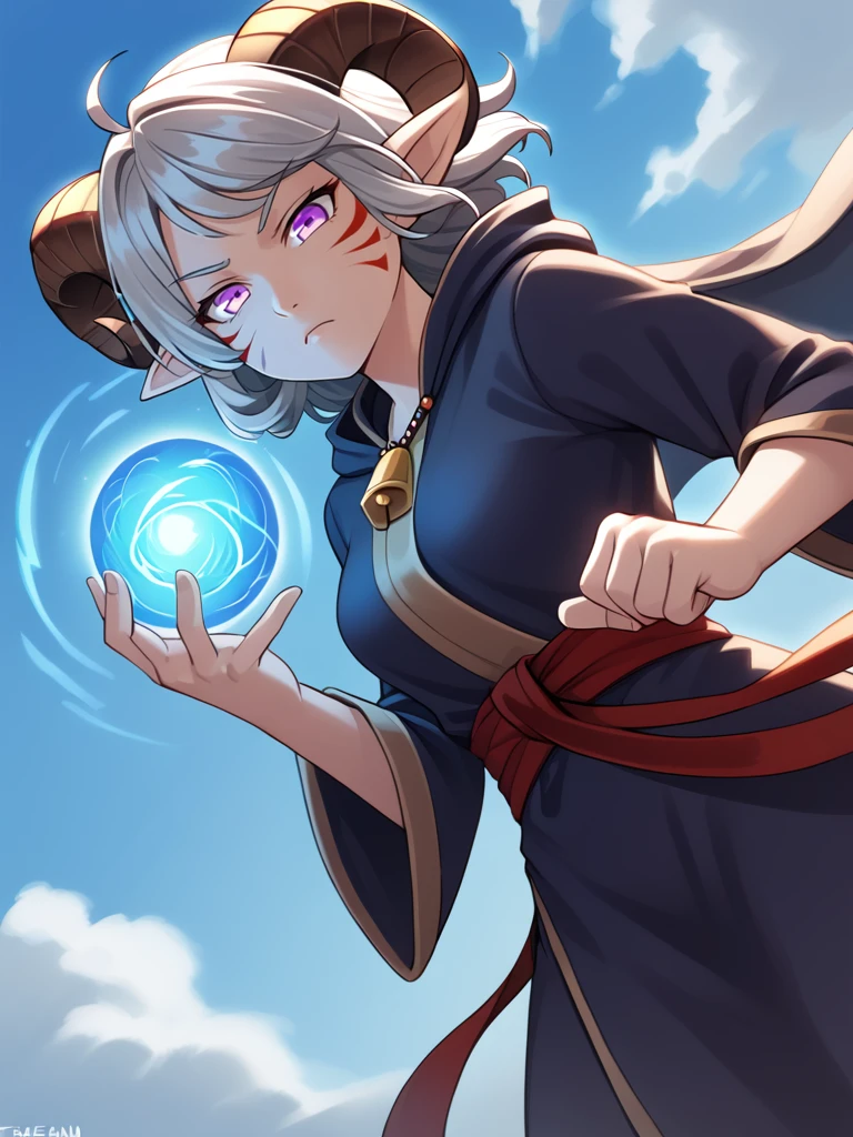 solo,<lora:whisker_markings:0.8>red whisker_markings ,
<lora:Rasengan:0.8>, rasengan, 1girl,  blue_sky, from below,  blue energy ball, rasengan_pose, wind effect, ball on hand, fighting stance, 
source_furry, score_7_up, rating_safe, cowboy shot, gold necklace, tiefing, short pointed ears, brown horns, (a pair of brown sheep Horns that begin at her temples and curve back: 1.5), bangs, long silver hair long wavy hair, pale skin, ,short pointy ears, purple eyes, <lora:age_slider_v4:0.6>   medium breasts, skinny female, close up, silver hair, <lora:Tieflingnew weird fantasyDND:0.3> Tiefling, pointed ears, horns, half-closed eyes<lora:Smooth Style 2 SDXL_LoRA_Pony Diffusion V6 XL:0.3> bell, robe, hood off,