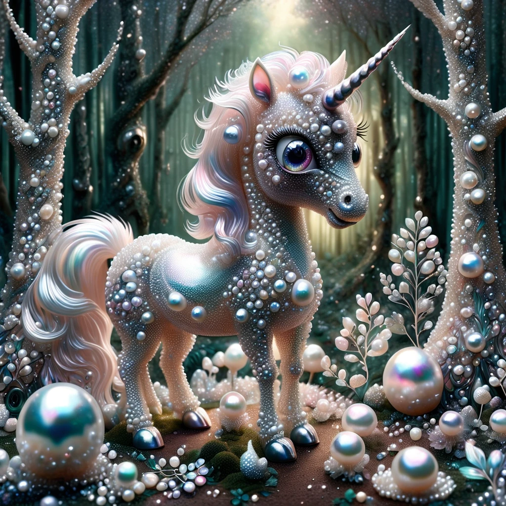 A unicorn made out of Pearlum, in a Pearlum forest, fantastical, whimsical, cute, big eyes  <lora:Pearlum_World_Morph:1>