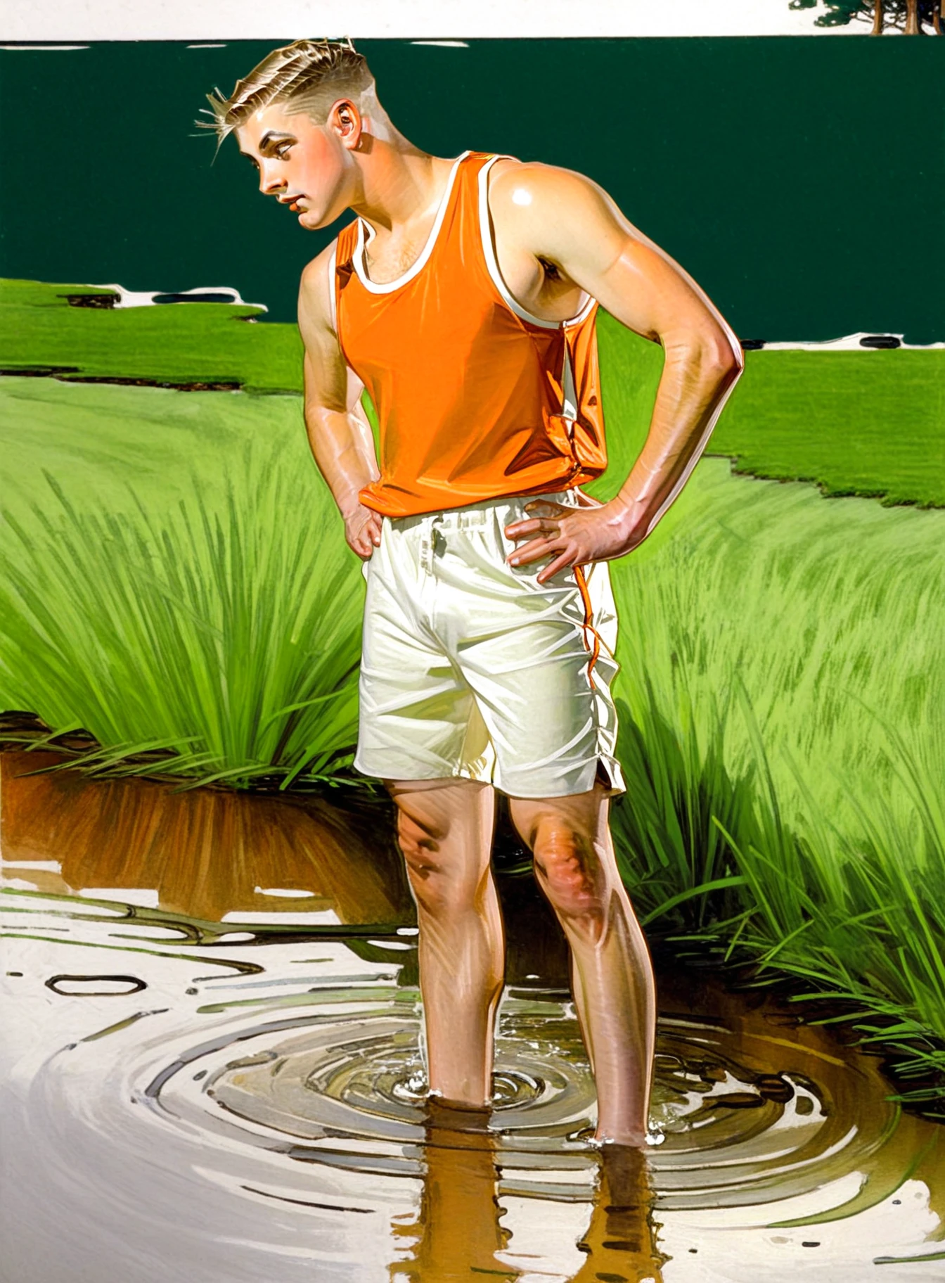 leyendecker, man, solo, orange tank top, white shorts, looking to the side, from side, standing in knee deep water, stream of water, suburbs, green lawn, dramatic, masterpiece, best quality