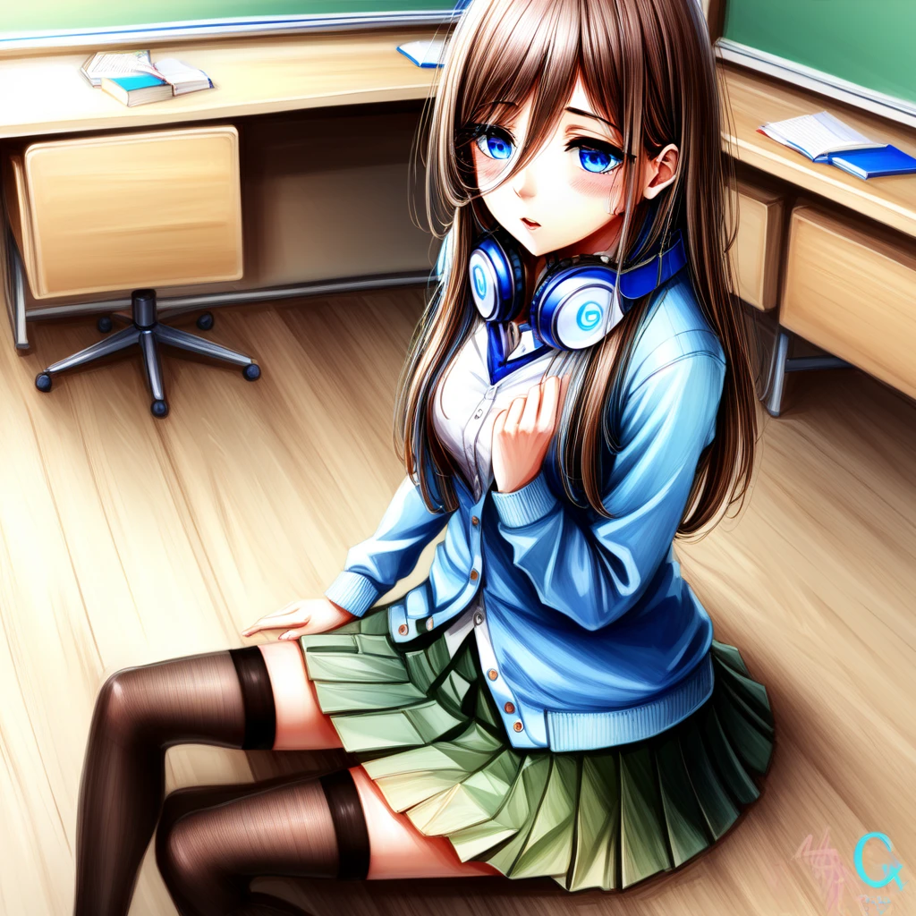 mikunakano,miku nakano, long hair, bangs, blue eyes, brown hair, shirt, hair between eyes, headphones, cardigan, headphones around neck, BREAK skirt, shirt, long sleeves, white shirt, pantyhose, pleated skirt, black pantyhose, cardigan, green skirt, blue cardigan, BREAK indoors, classroom, BREAK looking at viewer,  BREAK ,(masterpiece:1.2), best quality, high resolution, unity 8k wallpaper, (illustration:0.8), (beautiful detailed eyes:1.6), extremely detailed face, perfect lighting, extremely detailed CG, (perfect hands, perfect anatomy),