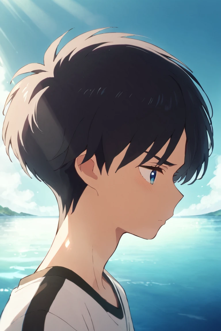 score_9,score_8_up,score_7_up,source_anime,1boy, solo,Kosuke Kumagaya,black hair,blue eyes, light rays, shirt,shorts, close-up<lora:EMS-423016-EMS:1.000000>