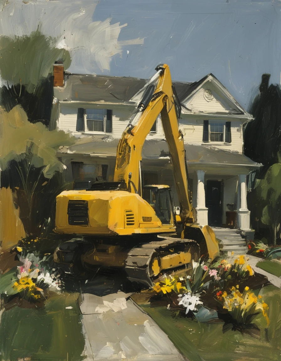 a large yellow digger truck destroying a flower bed of a suburban house