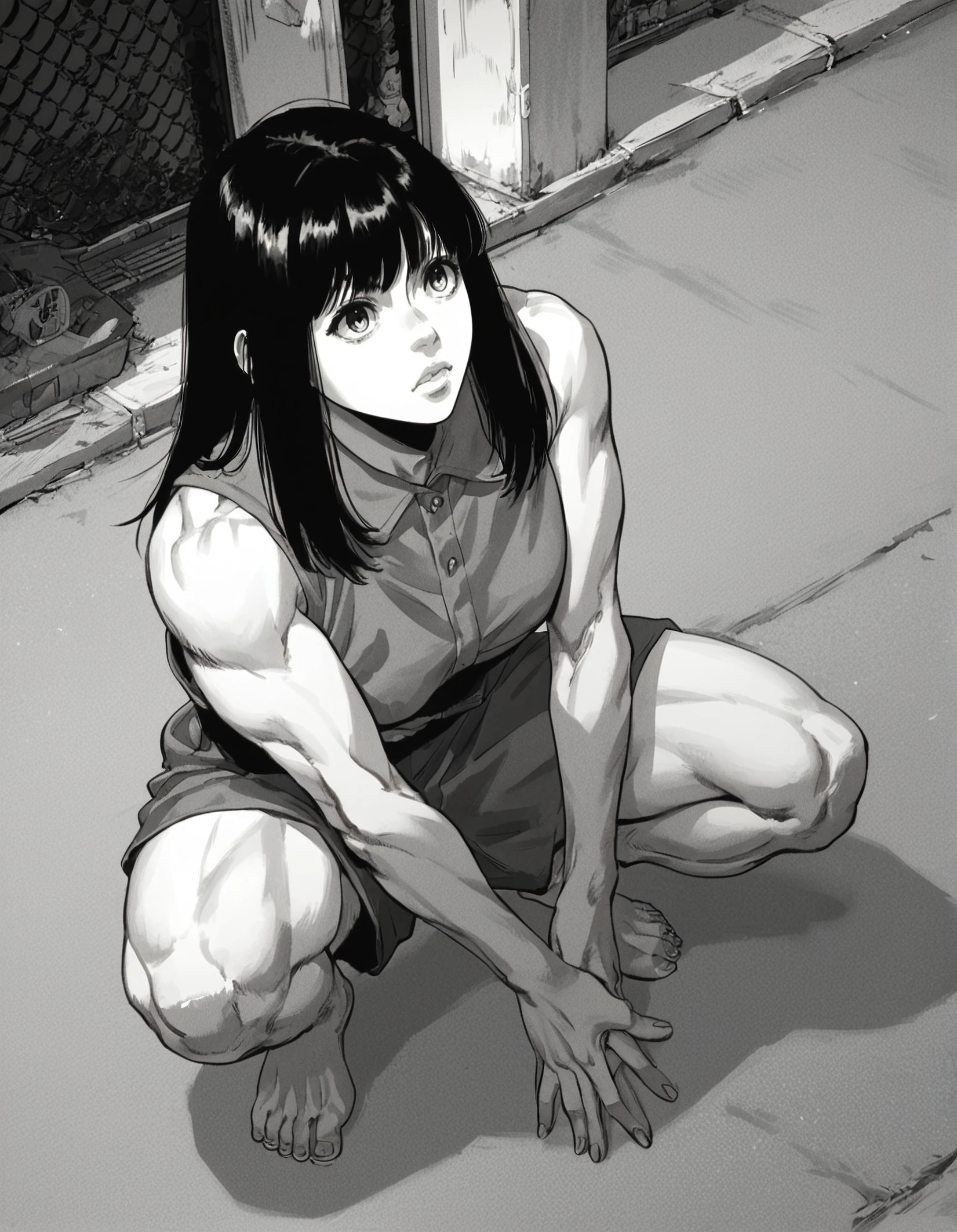 score_9, score_8_up, score_7_up,score_6_up,high resolution,mtskyamd,source_anime,1girl,monochrome,grayscale,black hair,long hair,bangs,sleeveless shirt,barefoot, volumetric lighting,rim lighting,dof,dramatic shadow,squatting,street,dynamic pose