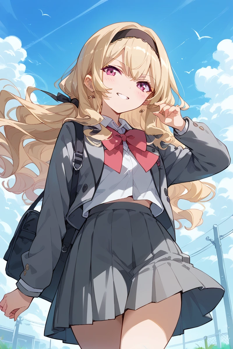 score_9, score_8_up, score_7_up, score_6_up, 1girl,
 <lora:Claudine_Saijo:0.9> claudine, long hair, blonde hair, hairband, gray skirt, gray jacket, school uniform,