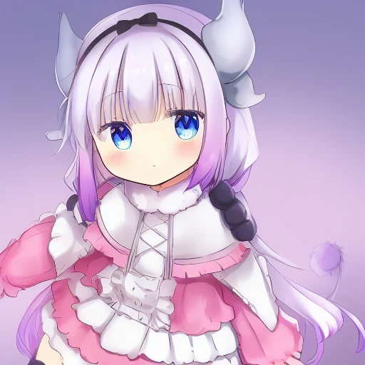 kannakamui, 1girl, solo, long hair, looking at viewer, blush, blue eyes, hair ornament, thighhighs, dress, twintails, tail, hairband, blunt bangs, gradient, gradient background, capelet, low twintails, black hairband, child, light purple hair, dragon horns, beads, dragon girl, female child, hair beads, kanna kamui

embedding:negative_hand-neg, 