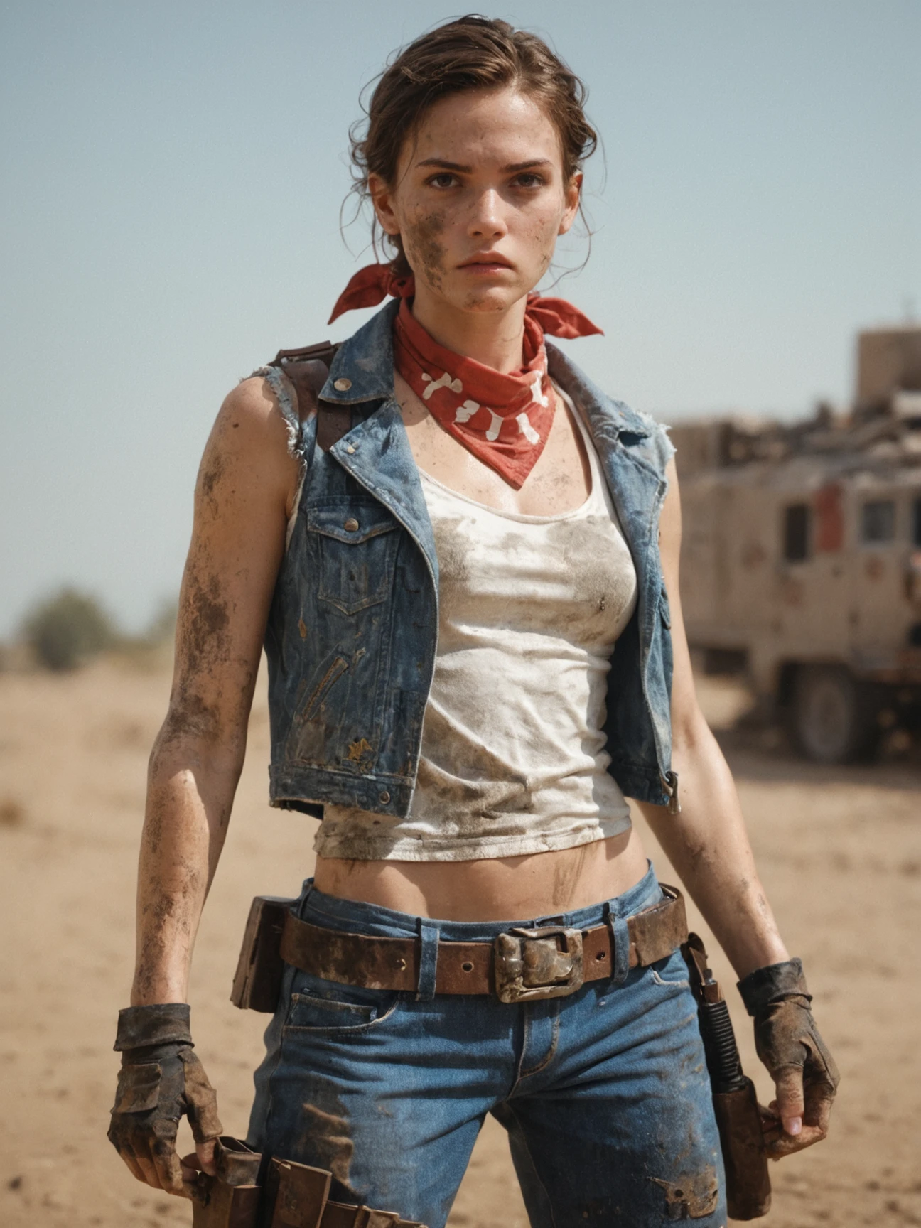 score_9, score_8_up,score_7_up, score_6_up, score_5_up, score_4_up, Action, heroine, dual, pistols, denim, jacket, white, tank, top, dirty, rugged, belt, holster, brunette, wavy, hair, confident, stance, adventurous, bandana