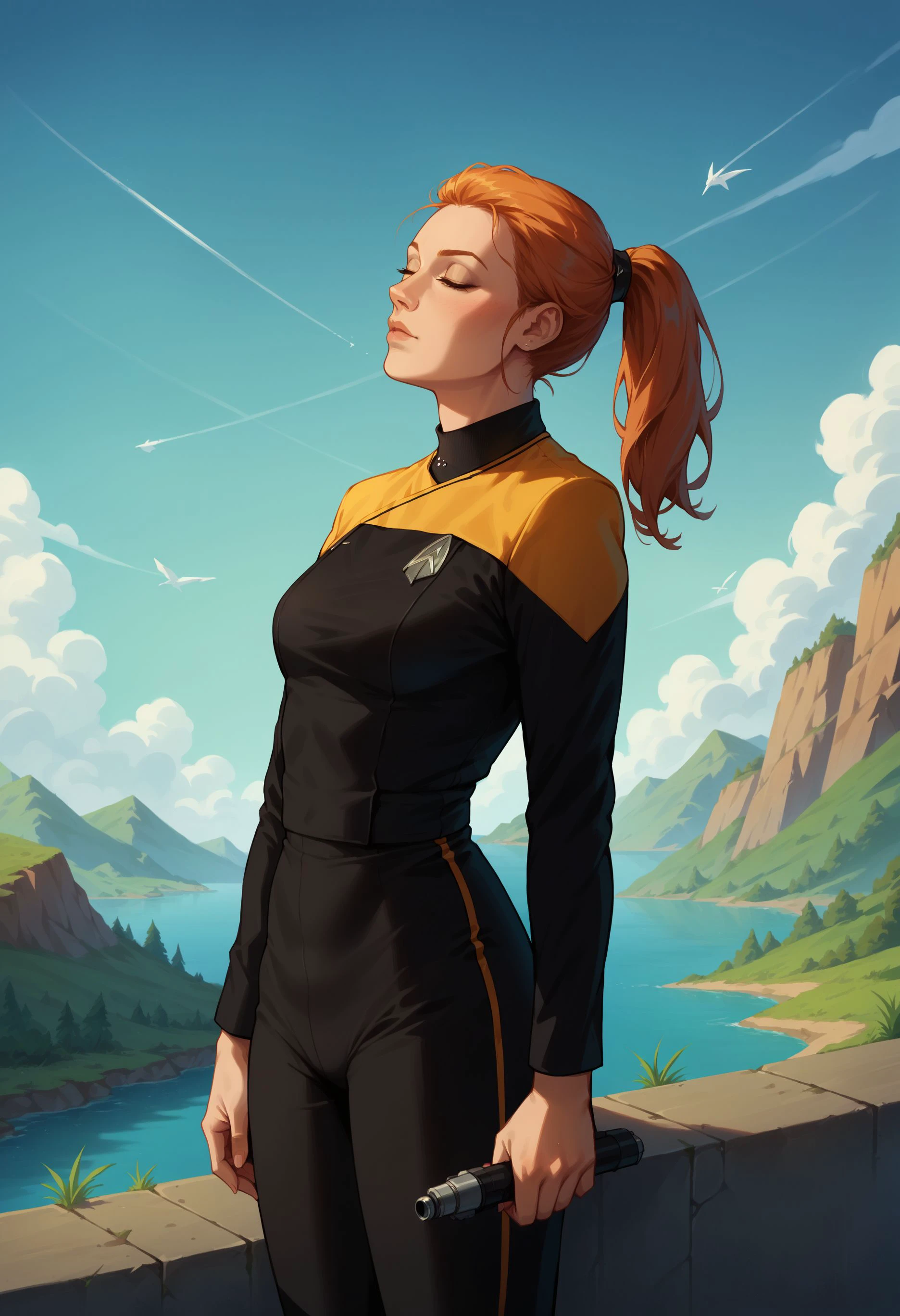 core_9, score_8_up, score_7_up, score_6_up, 1girl,scenery,ginger,ponytail,
pcdst,Star trek uniform,yellow,yellow shoulders,black jumpsuit
,<lora:PicardPony-000050>