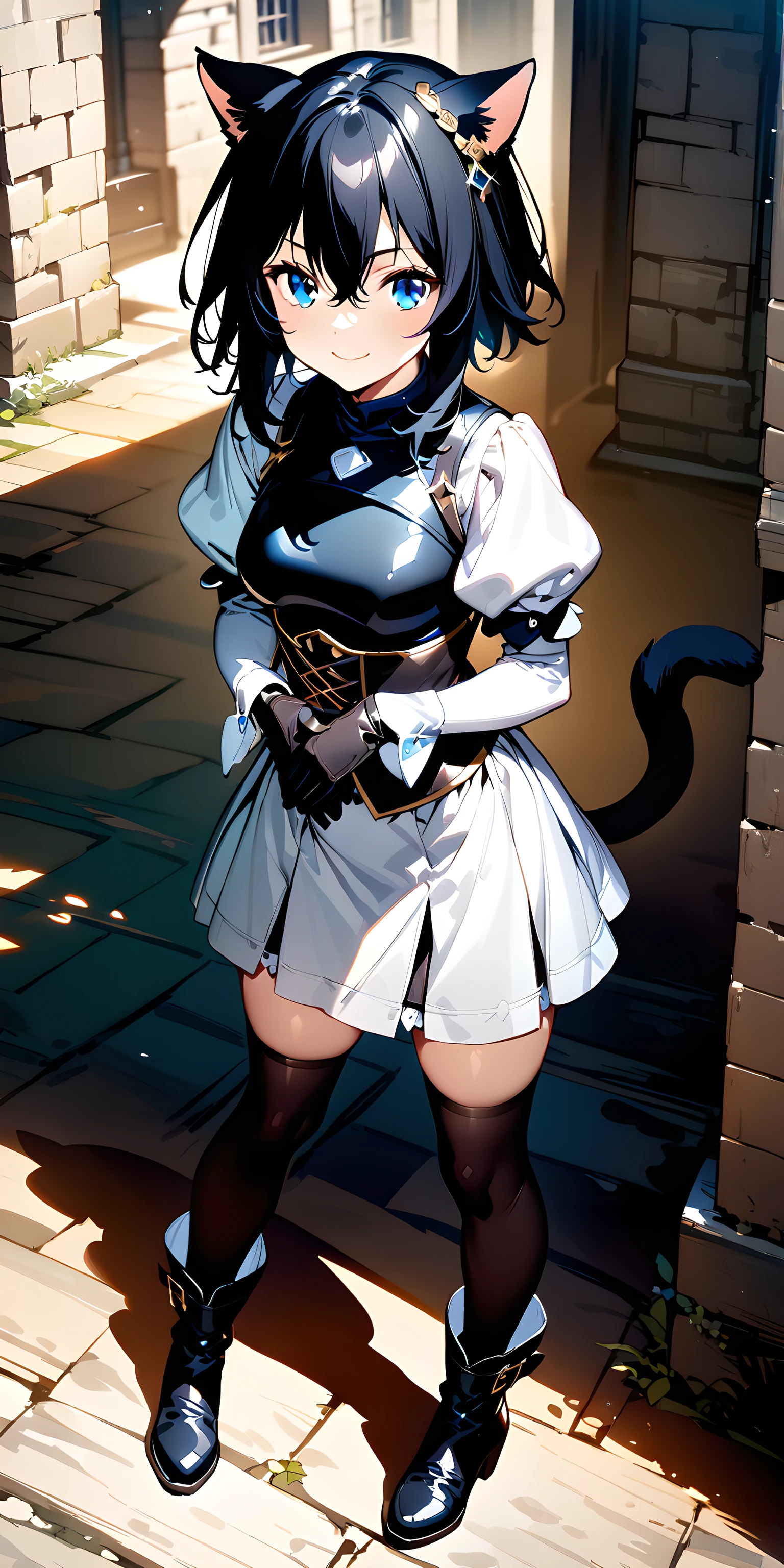 (masterpiece),(best quality),(ultra-detailed),(best illustration),(best shadow),(absurdres),(detailed background),(very aesthetic), fran(tenken),1girl, solo, animal ears, cat ears, cat girl, cat tail, black hair, short hair, blue eyes, black thighhigh, hair between eyes, gloves, dress, chest plate, puffy sleeves, boots, full body, medieval city background, hands on waist, smile, zettai zyouiki, :3<lora:XL-Fran(TenKen):1>