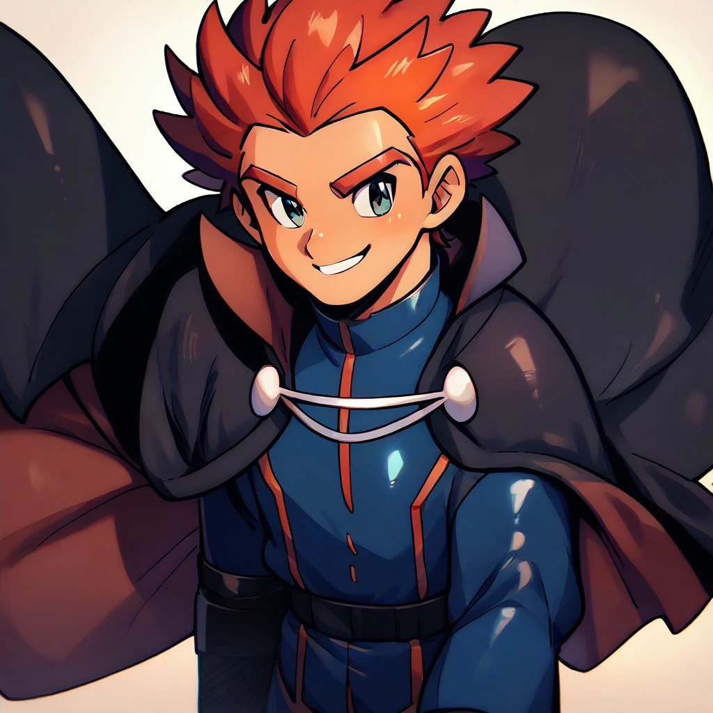 score_9,score_8_up,score_7_up,score_6_up,score_5_up,score_4_up, solo, 1boy, male focus, hair slicked back, short hair, red hair, spiked hair, , blue bodysuit, long sleeves, black cape, smile,