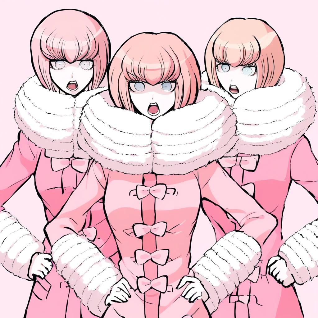 Ruruka Ando, Danganronpa, short hair, peach hair, bangs, light blue eyes, Ruruka Ando, Danganronpa, short hair, peach hair, bangs, light blue eyes, coat, pink coat, fur collar, ribbons, pink ribbons, hands on hips, angry, shouting, open mouth,