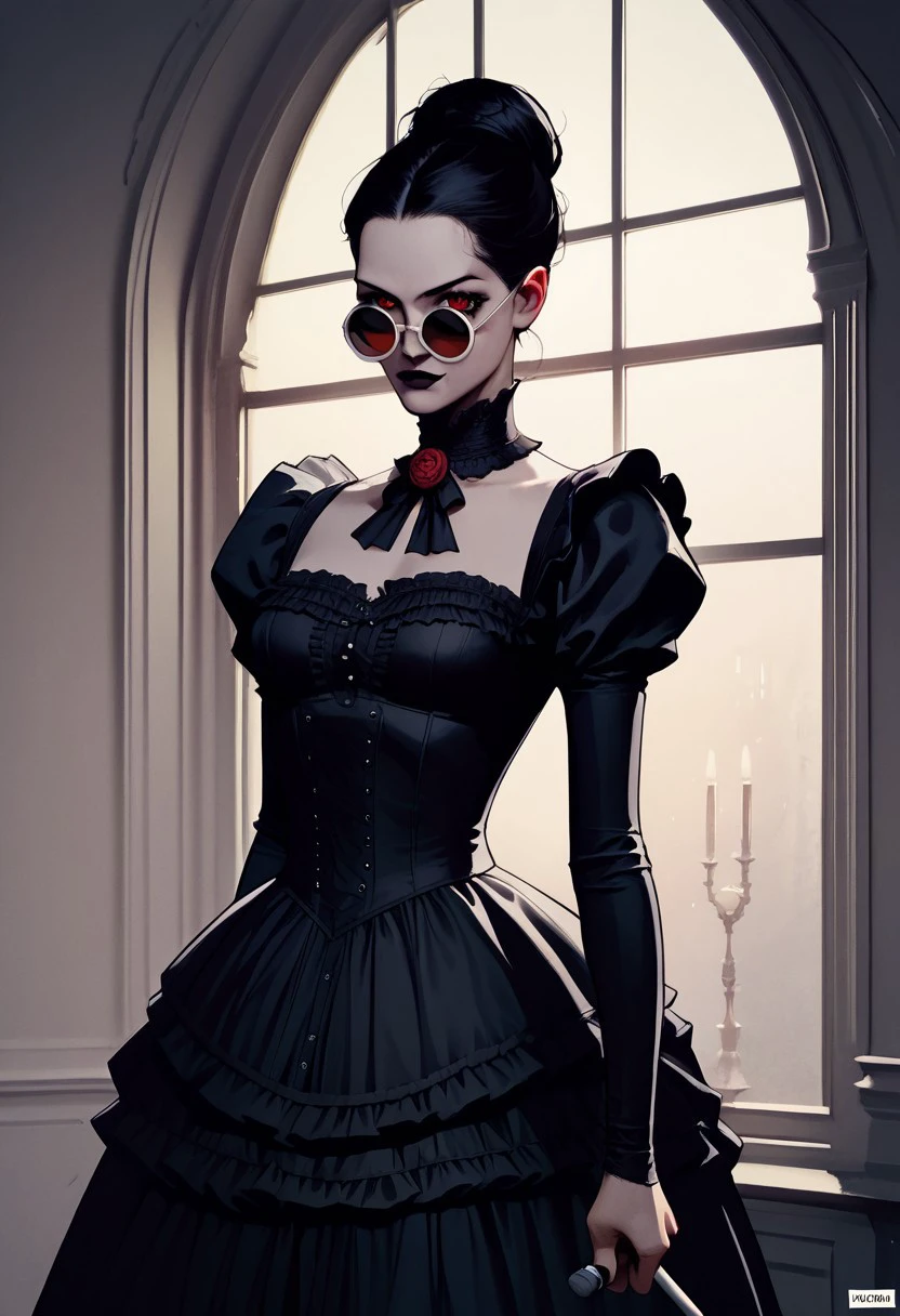 dskheroes, 1girl, red eyes, vampire, elaborate hair bun, black hair, small round sunglasses, medium breasts, black Victorian goth dress, (sexy:1.6), skinny, aroused, standing, head tilted, holding parasol, looking at viewer, comic art style, source_cartoon, score_9, score_8_up, score_7_up, score_6_up,