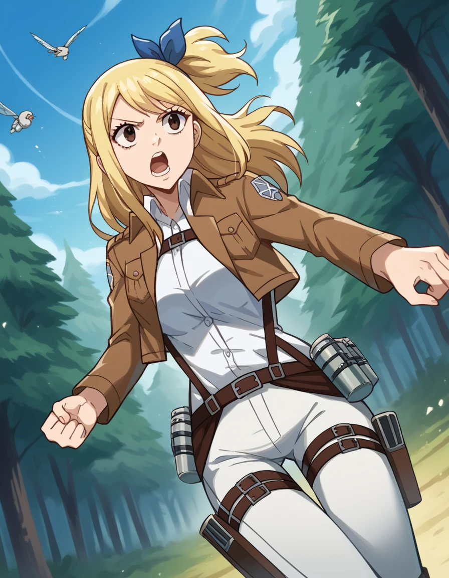 score_9, score_8_up, score_7_up, source_anime, lucyheartfilia, <lora:lucy-heartfilia-s7-ponyxl-lora-nochekaiser:1>, lucy heartfilia, blonde hair, brown eyes, long hair, one side up, ribbon, hair ribbon, blue ribbon, large breasts,, <lora:paradis-military-uniform-ponyxl-lora-nochekaiser:1>, paradis military uniform, belt, cloack, cropped jacket, emblem, green cloak, jacket, long sleeves, pants, shirt, thigh strap, uniform, white pants, white shirt, brown jacket,, outdoors, forest, nature, fighting stance, open mouth, floating, flying,, cowboy shot, dutch angle, solo,