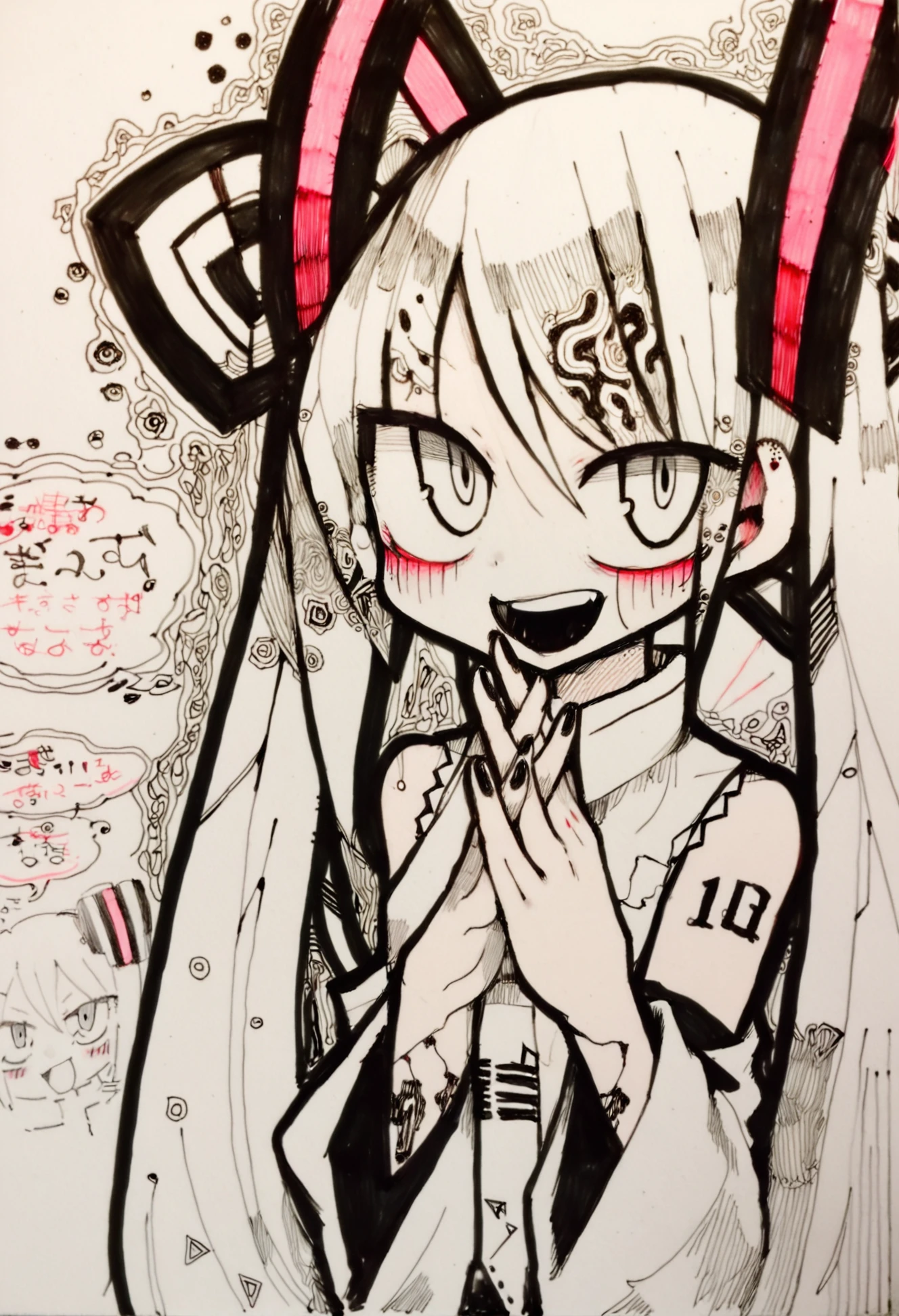 masterpiece,best quality,hatsune miku, 1girl, twintails, long hair, detached sleeves, own hands together, necktie, open mouth, solo, shirt, tattoo, hair ornament, upper body, sleeveless shirt, traditional media, monochrome, looking at viewer, smile, sleeveless, blush, nail polish, spot color, chibi inset, very long hair, bare shoulders 
 <lora:teraXLlokr4f-000145:0.95>