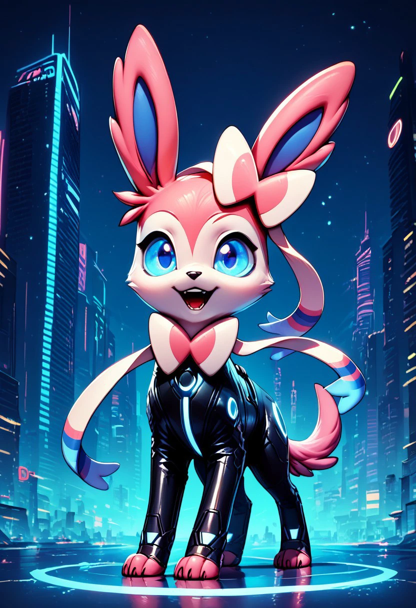 score_9, score_8_up, score_8, 
zzCitronLegacy, looking at viewer,  bodysuit, neon glow, 
city, night, 
Sylveon, solo, looking at viewer, open mouth, blue eyes,, standing, tail, full body,  no humans, animal, blue background, animal focus,
looking at viewer,
OverallDetail