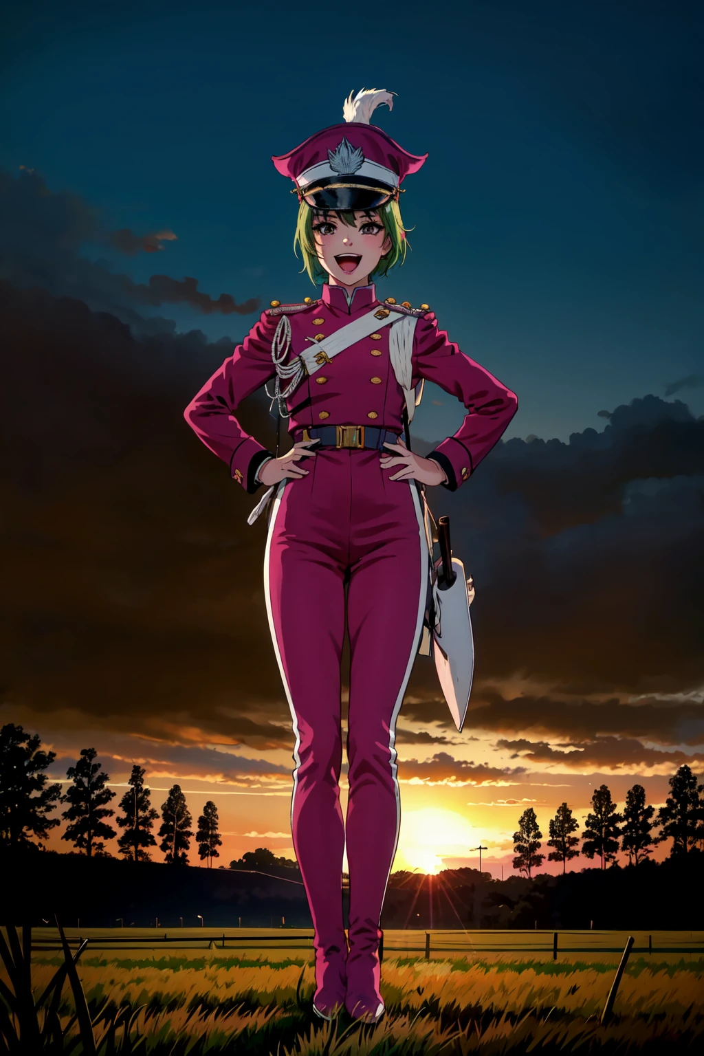 masterpiece,best quality,1girl,berglancer,short green hair, <lora:Berglancer15:0.85>,standing,(outdoors,in field:1.4),farm,windmills,facing viewer,hands on hips,happy, :d ,long sleeves,jacket,pink pants,shako cap,epaulettes,boots,(sunset,cloudy sky,absurdres:1.1),medium breasts,full body,(detailed background:1.2),