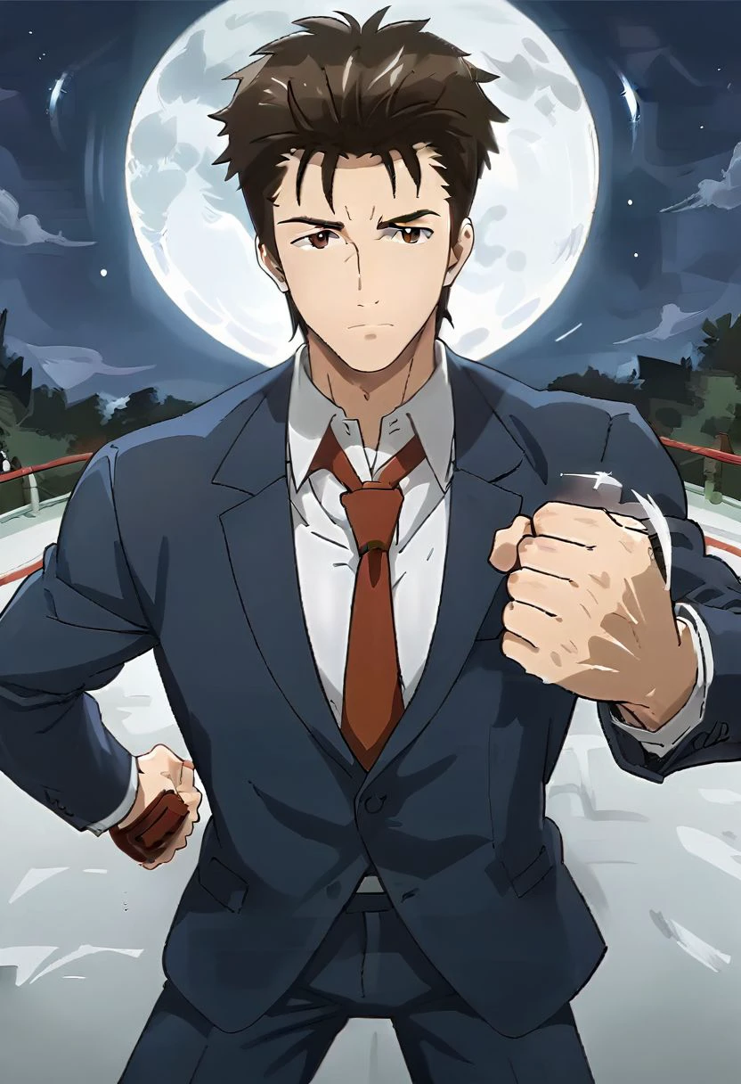 (score 9, score 8 up, score 7 up),((source anime, best quality, best aesthetic, perfect anatomy)),1boy,male focus,handsome detailed face,black eyes,blazer,collared shirt,slim body,skinny,necktie,solo,((Homu, Fighting, mood lighting, full_moon, front-view, wide-angle view)),<lora:Shinich:1>,shinichi,<lora:Smooth Anime 2 Style SDXL_LoRA_Pony Diffusion V6 XL:1>,<lora:aesthetic_anime_v1s:1>,