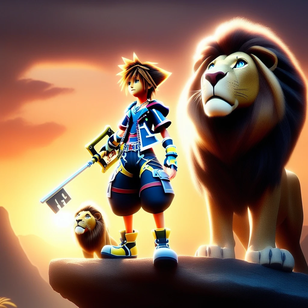 sorakh, keyblade, 1boy, standing on a rock with a lion, sunset