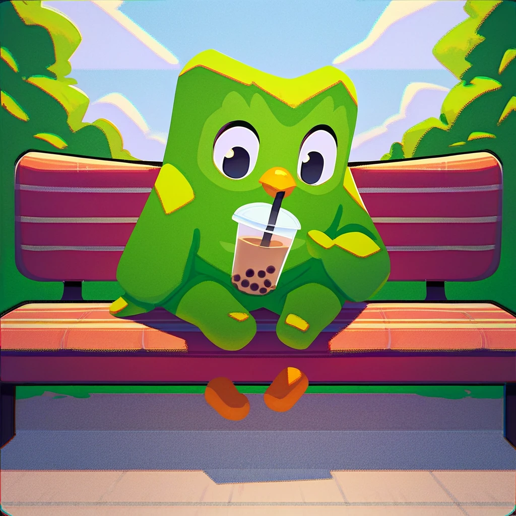 score_9, score_8_up, score_7_up, score_6_up, duolingo, green bird, bird, male, black eyes, solo, bubble tea, holding, park, sitting,