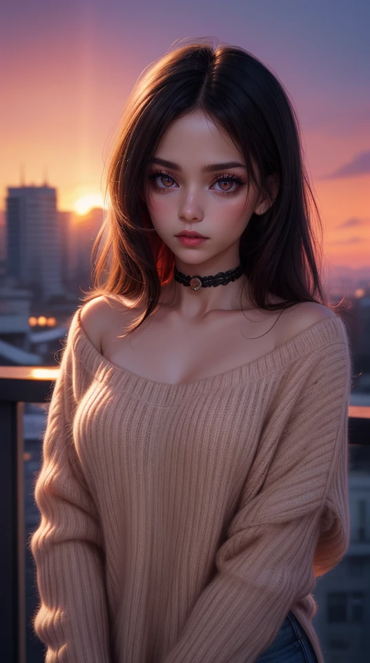 1 young cute iranian girl,very slim,skinny,redhead,rouge,red neck lace choker,cateyes makeup,colorful,oversize knit jumper,softcore,warm lighting,cosy atmosphere,Instagram style,red theme,upper body shot,(cinematic, black and red:0.85),(sunset beautiful background:1.3),sharp,dim colors,,<lora:locon_perfecteyes_v1_from_v1_64_32:1> ,<lora:hairdetailer:1>