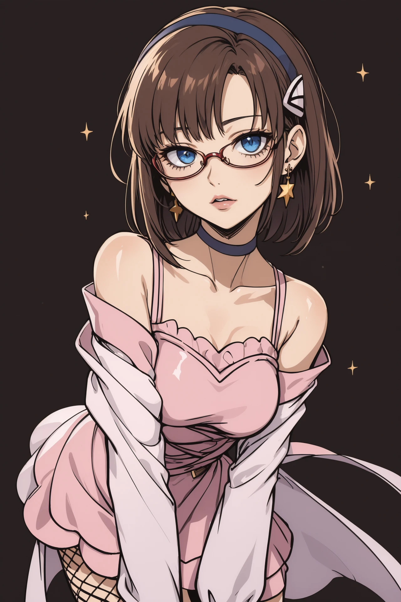 masterpiece:1.2, best quality:1.2, intricate details:1.2, ultra-detailed, illustration, sharp, dark theme,by wlop,
accurate arms and fingers,from above,
(cowboy shot:1.3), from below,1girl, makinami_mari_illustrious, glasses, red-framed eyewear,  solo, brown hair, short hair, blue eyes, hair shader,BREAK
 makinami_mari_illustrious-fire-queen, arched back, black background, cute eyes, earrings, jewelry, [half-closed eyes], lipstick, makeup, sparkling dress, pink dress, glint, collarbone, long sleeves, wide sleeves, hair beads, sidelocks, blunt bangs, purple earrings, star earrings, partially bare shoulders, pink mascara, pink eyeliner, kiss, fishnet thighhighs,  BREAK
<lora:sd_v15_dpo_lora_v1:0.8><lora:outline:0.2><lora:shinkai_makoto_offset:0.25> <lora:Hyper-SD15-12steps-CFG-lora:0.7> <lora:EnvyColdShower_v11:0.4> <lora:makinami_mari_illustrious:0.7>