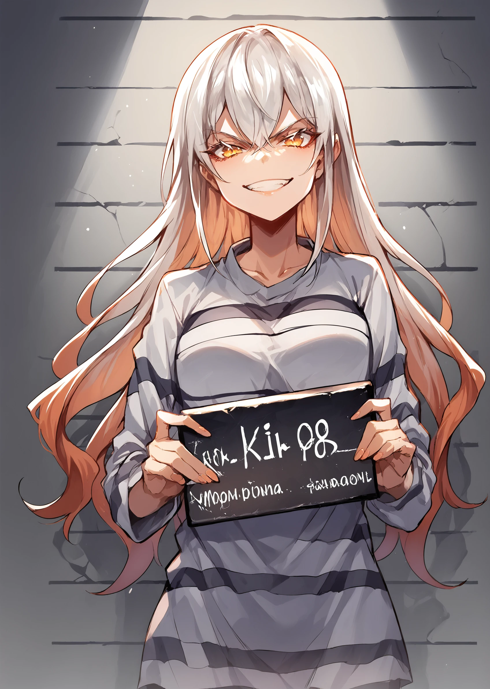 (score_9, score_8_up, score_7_up) BREAK source_anime,1girl,solo,vita_\(bambina\),prison clothes,looking at viewer,grin,standing,mugshot,holding sign,
<lora:mugshot_pony_ver1:1>,<lora:vita_pony_1:1>,