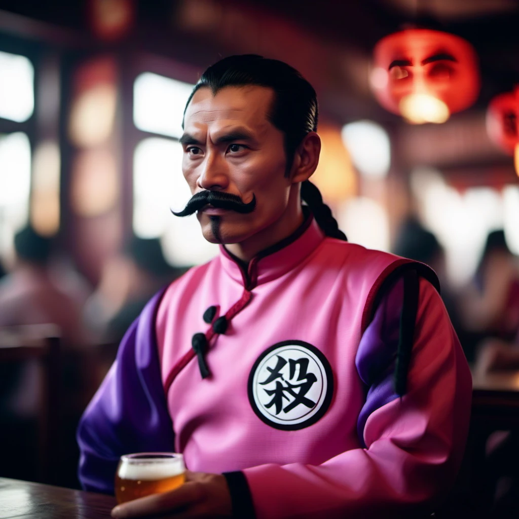 cinematic photo 1boy, mustache, solo, braid, black hair, pink and purple chinese clothes, facial hair, having a beer in a chinese pub  <lora:TaoPaiPai1024:0.8> . 35mm photograph, film, bokeh, professional, 4k, highly detailed