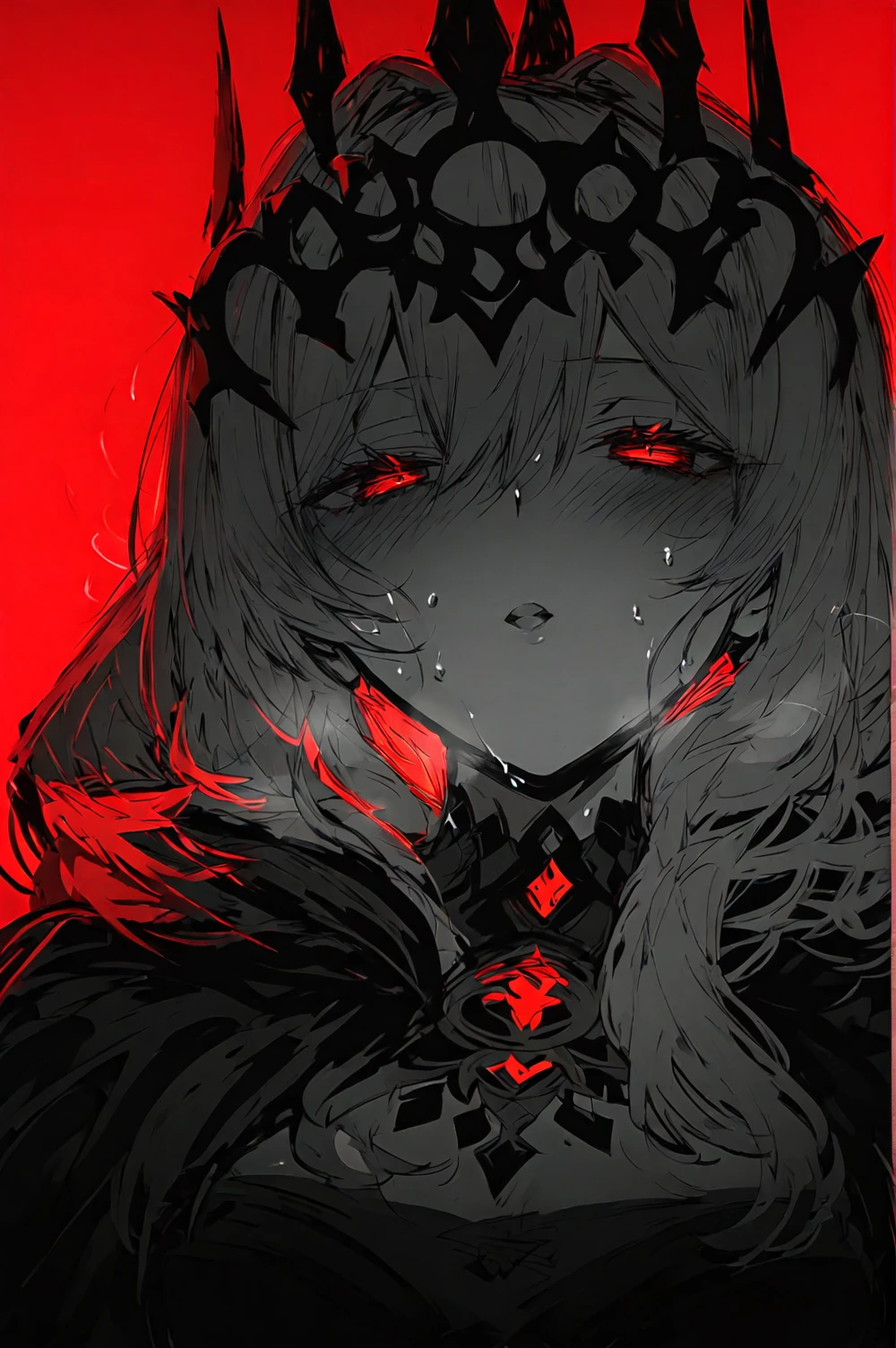 score_9, score_8_up, score_7_up, smooth style, red background, simple background, back lighting, dim lighting, colored light, upper body, steam, 1girl, looking at viewer, bangs, blush, crown, hair between eyes, spot color, sweat, breath, open mouth, parted lips, heavy breathing, red theme, monochrome<lora:InkxXmo Dark Sharp:1>