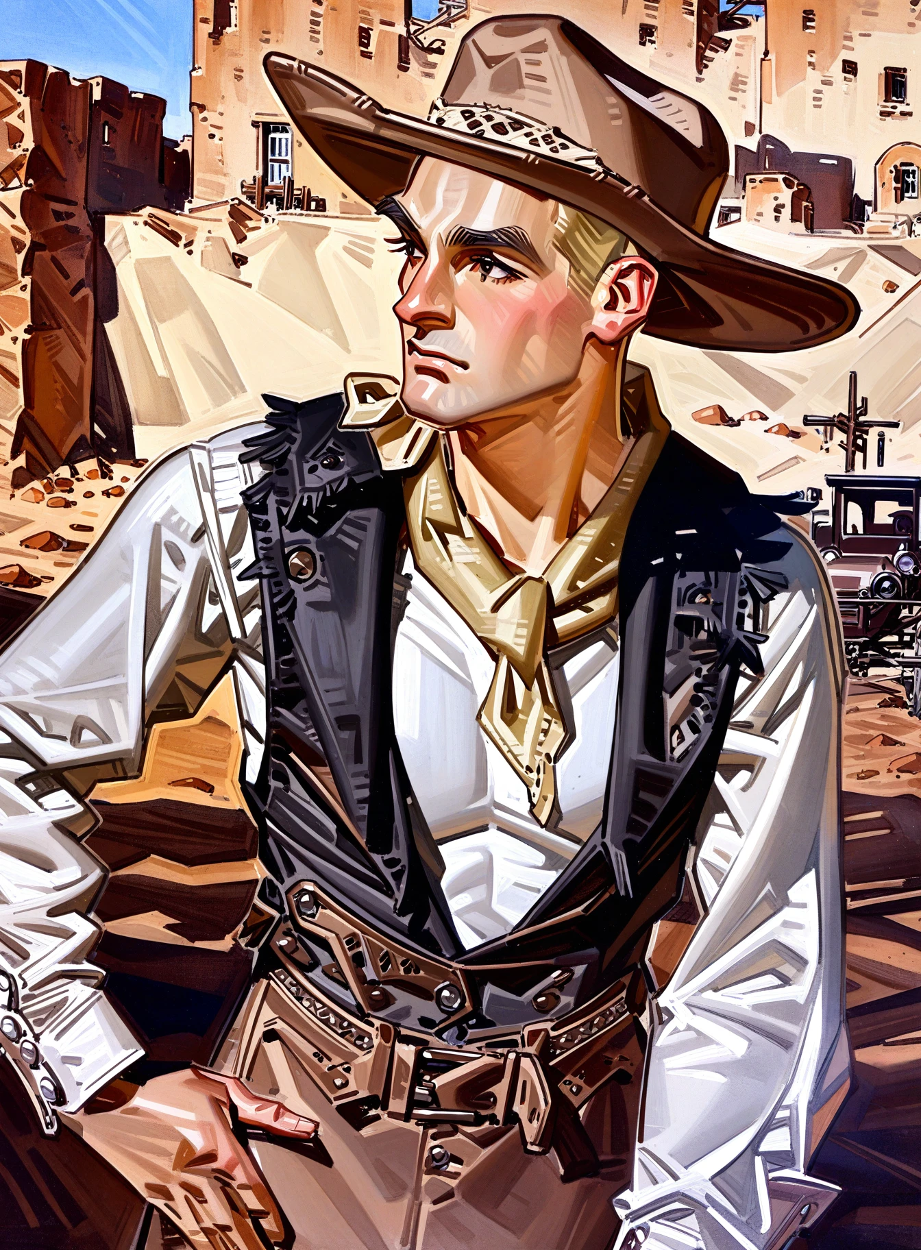 leyendecker, masterpiece, best quality, very aesthetic, absurdres, 1boy, solo, cowboy hat, neutral expression, blonde hair, bandana around neck, white shirt, long sleeves, looking to the side, portrait, outdoors, western, desert, ghost town, dramatic, masterpiece, handsome