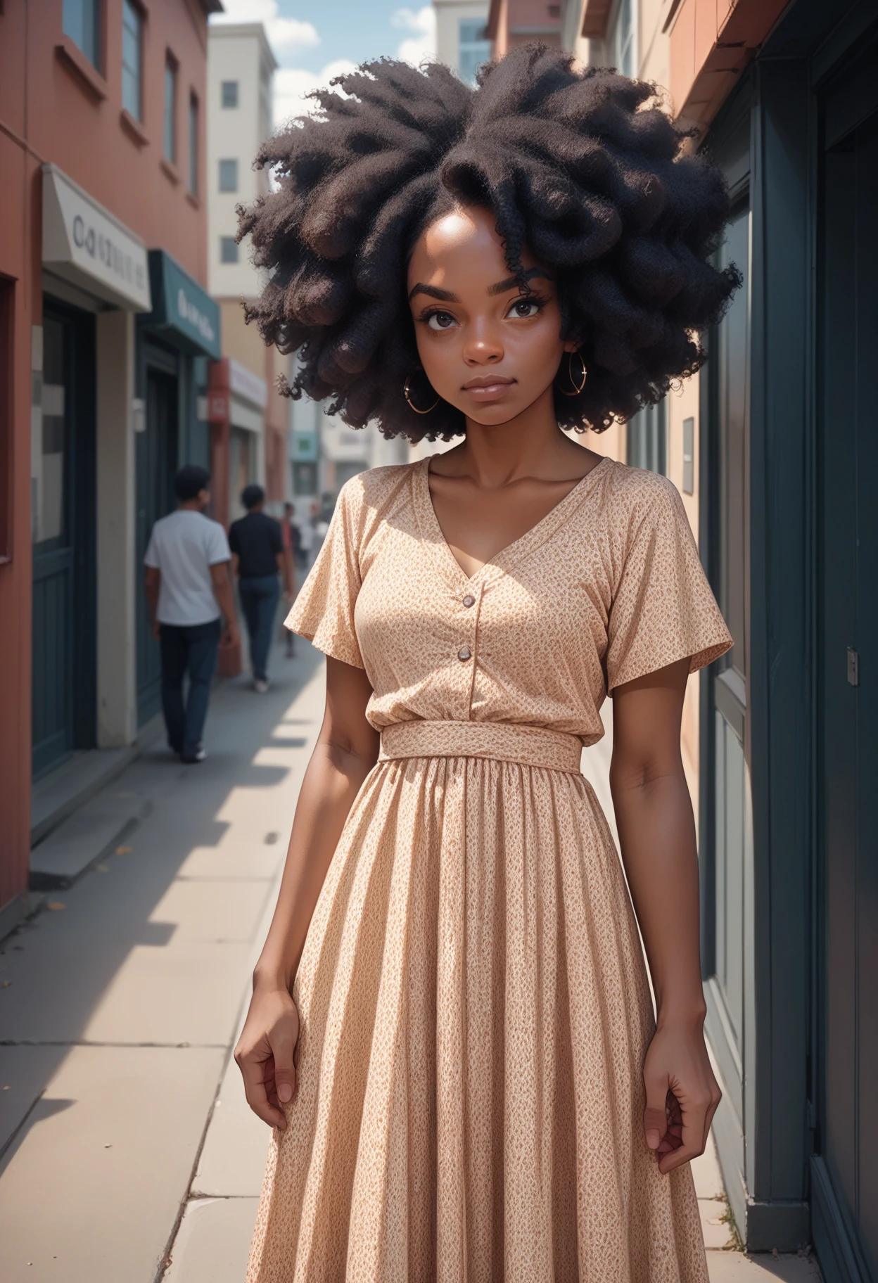 score_9, score_8_up, score_7_up, score_6_up, 1girl, solo, dark skin, hud_afr0hair, afro, curly black hair, dress, outdoors, <lora:ah:0.8>