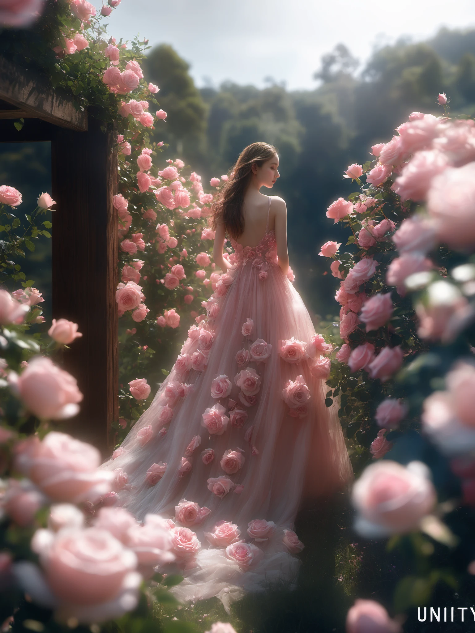 photorealistic,realistic,photography,masterpiece,best quality,ultra-detailed,extremely detailed CG unity 8k,1girl,solo,rose,long hair,back hair,dress,bare shoulders,standing,full body,flower,outdoors,from side,tree,pink flower,pink rose
 <lora:SNAKE PINK ROSE XL:0.8>