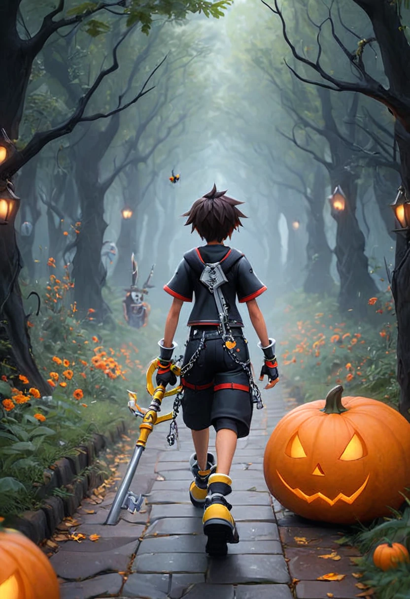 sorakh, keyblade, walking down a path, Halloween theme, shadow monster