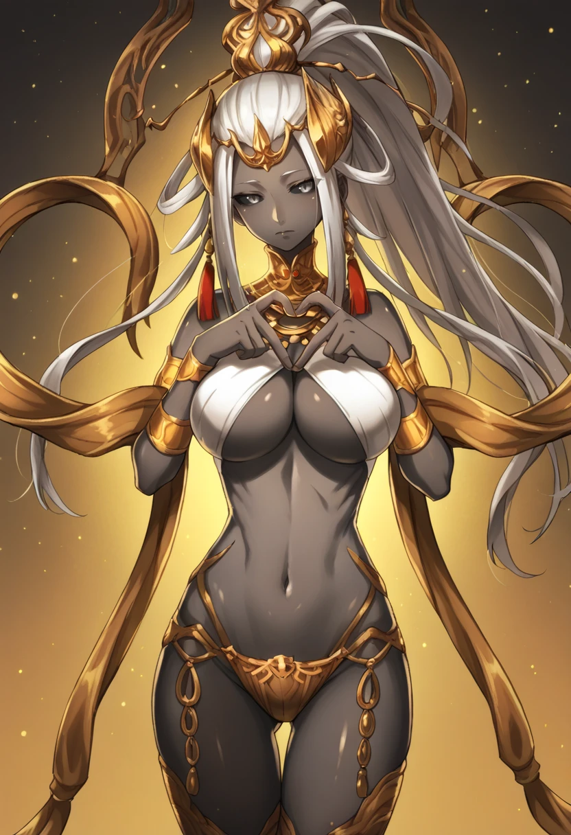 Woman,pale skin, bangs covering eyes. silver long hair. Volumptious body. Covered in bandages like a mummy. Revealing clothes, . silver circlet. Giggling. Evil smile, egyptian style clothing, egyptian style hairstyle, thin waist, large breast, alluring body, kneeled, mouth veil