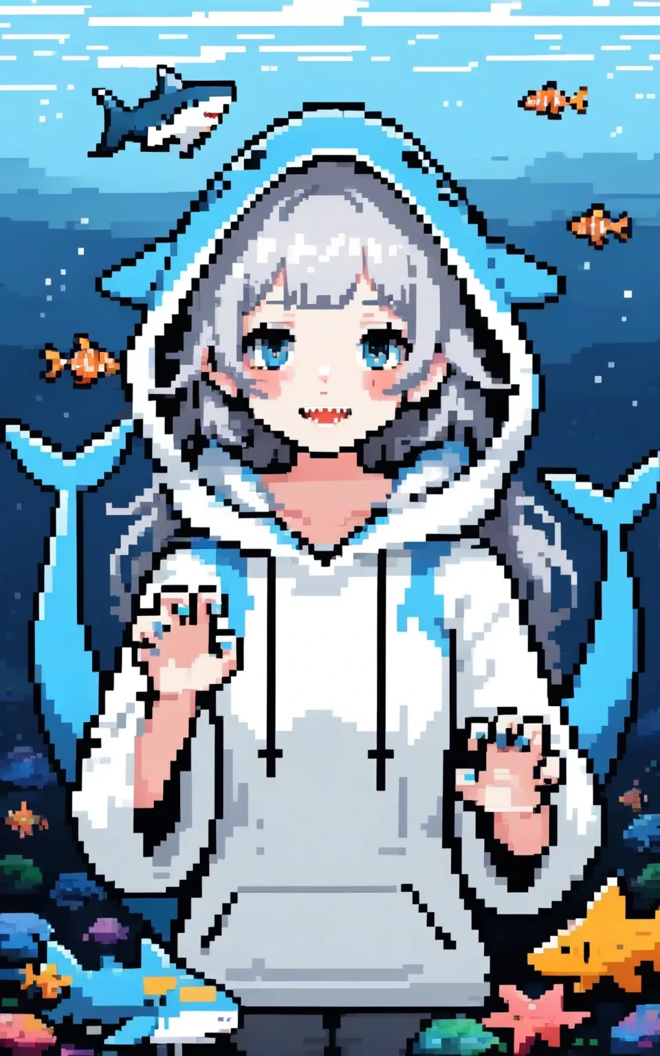 1girl, 
xssj, coralie \(honkai impact\)
masterpiece, fish, shark girl, sharp teeth, shark, wide sleeves, blush, water, animal, school of fish, long hair, looking at viewer, hood up, blue eyes, fish tail, multicolored hair, grey hair, tail, underwater, hoodie, open mouth, streaked hair, blunt bangs, shark hood, smile, fins, shark tail, :d, hood, virtual youtuber, white hoodie, teeth, animal hood, claw pose, solo, long sleeves, 
newest, absurdres, safe
 <lora:xssj:1>