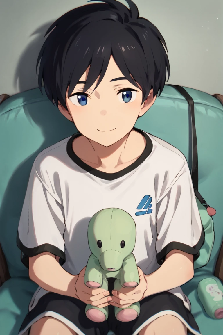 score_9,score_8_up,score_7_up,source_anime,1boy, solo,Kosuke Kumagaya,black hair,blue eyes, shirt,shorts, sitting, stuffed_toy, holding toy, looking_at_viewer, smile, upper body<lora:EMS-423016-EMS:1.000000>