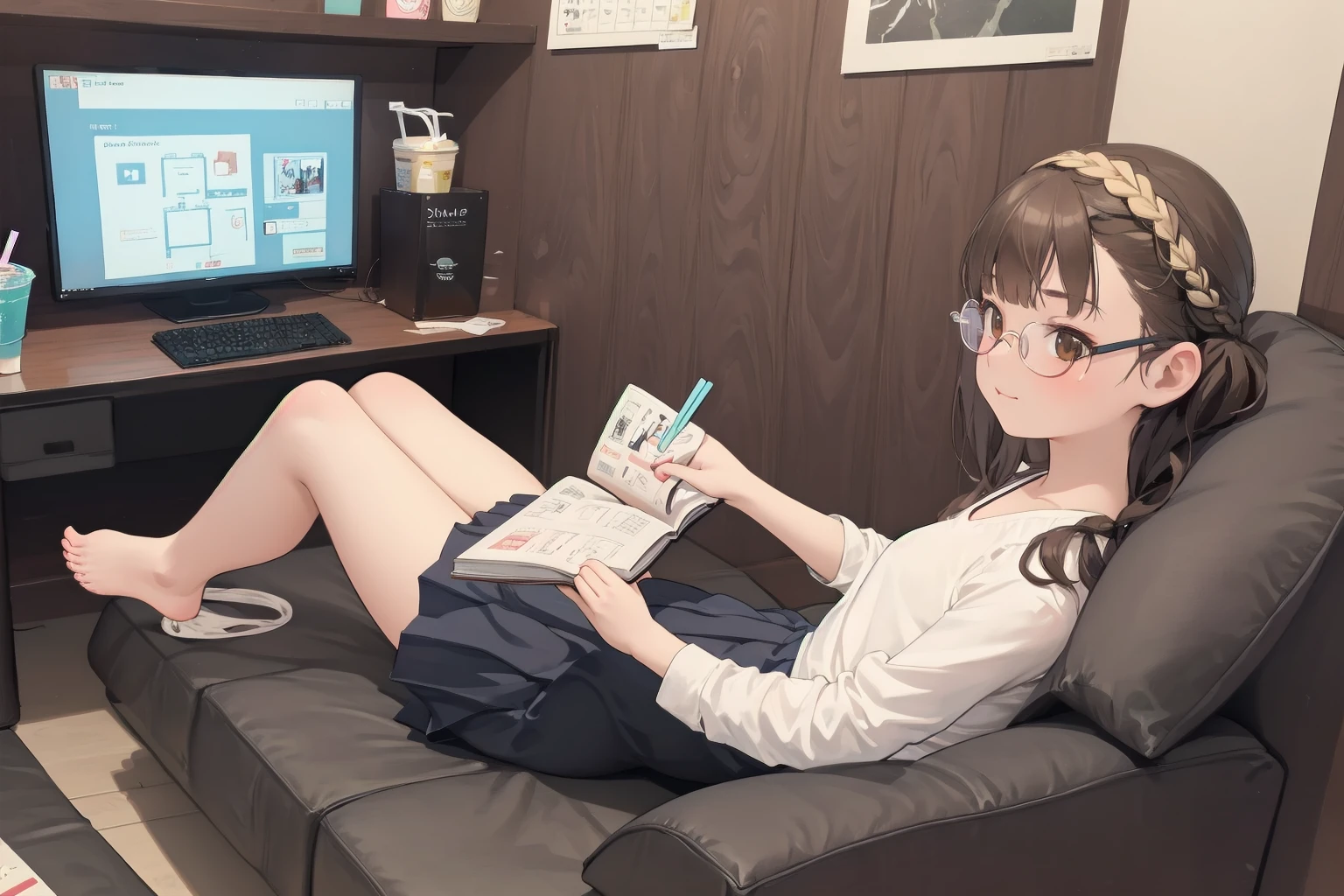 masterpiece, best quality, ultra-detailed, illustration, glasses,
necafe, scenery, 1girl, solo, brown hair, sitting, reading, indoors, chair, drinking straw, book, cup, computer, braid, drink, barefoot, short hair, crossed legs, skirt, desk, monitor, from side
<lora:netcafe_SD15_V1:0.8>