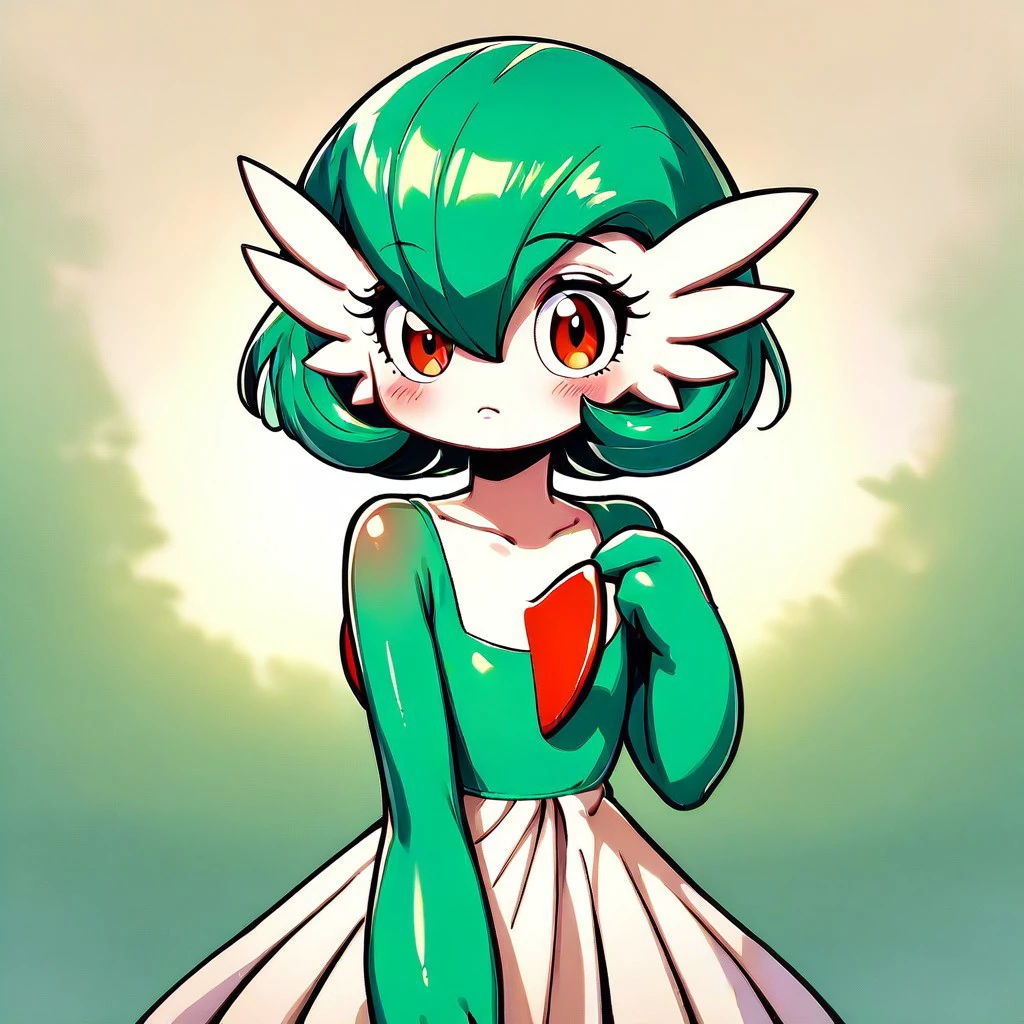 score_9,score_8_up,score_7_up,score_6_up,score_5_up,score_4_up, solo, gardevoir, green hair, short hair, hair between eyes, red eyes, dress