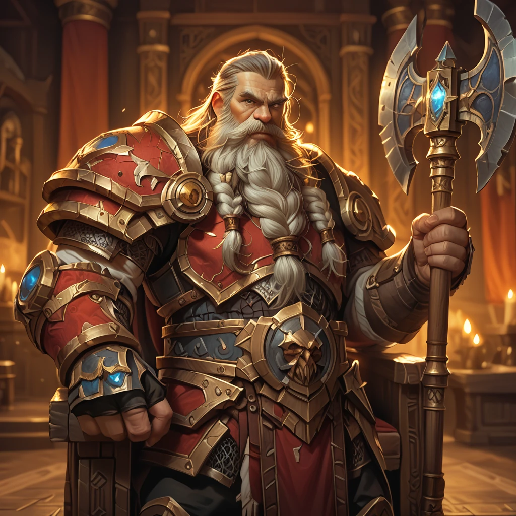 score_9, score_8_up, score_7_up, score_6_up, score_5_up, score_4_up, (World of Warcraft style illustration, dwarf paladin holding an axe and wearing plate armor standing in front of the throne room, golden aura around him, strong facial expression, strong colors, dark background, detailed in the style of Blizzard Entertainment:1.2) 