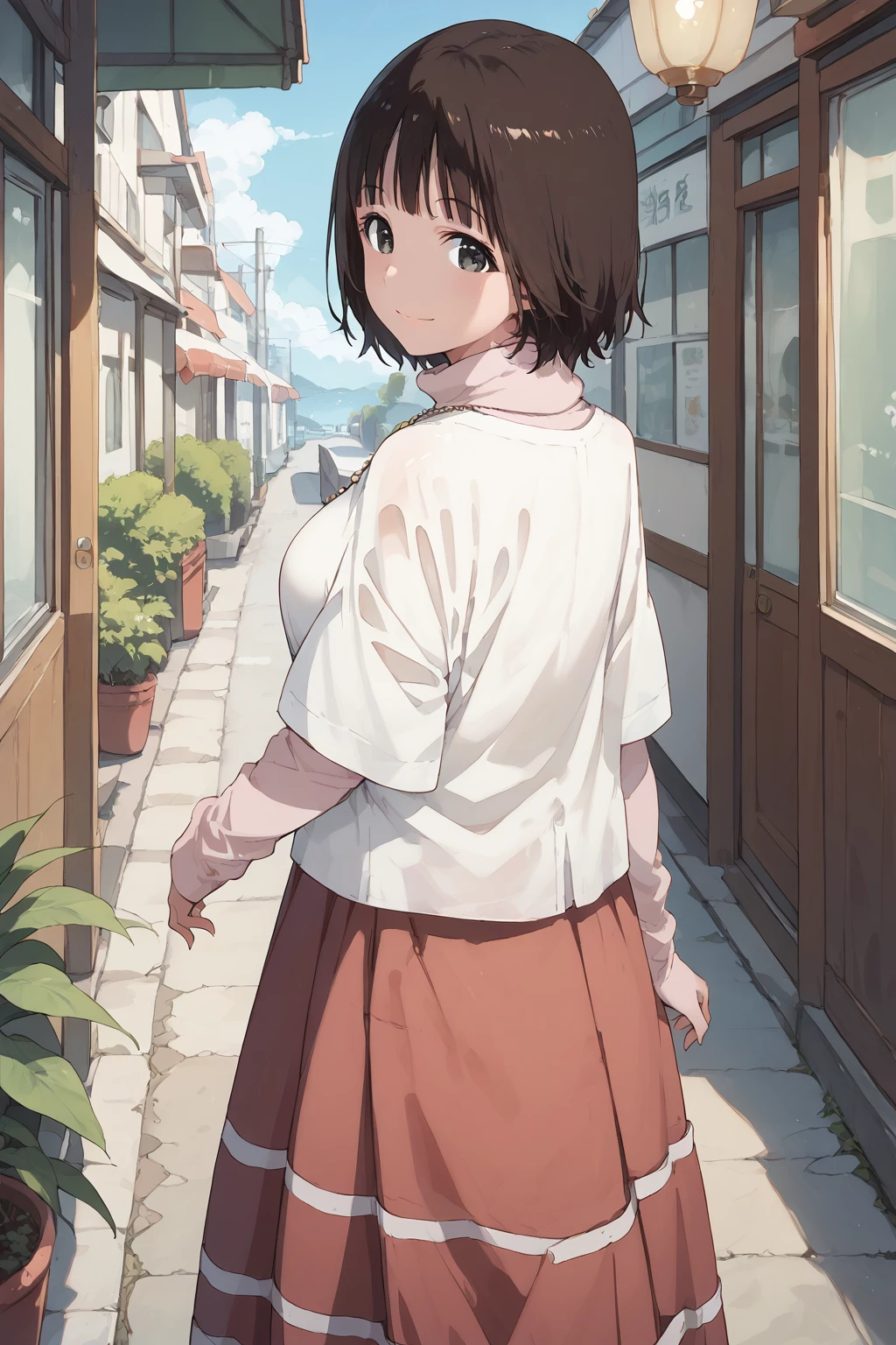 score_9, score_8_up, score_7_up, , score_ANIME, , domotochiemi, 1girl, solo, ,, (cowboy shot:1.5), , smile, looking at viewer, brown hair,, long sleeves, standing, black eyes,  black hair, closed mouth, long skirt, red skirt, short over long sleeves, , turtleneck sweater, gold necklace, medium breasts,     <lora:domoto_chiemi_pony5:1>  white shirt,  looking back,  from behind, short sleeves,