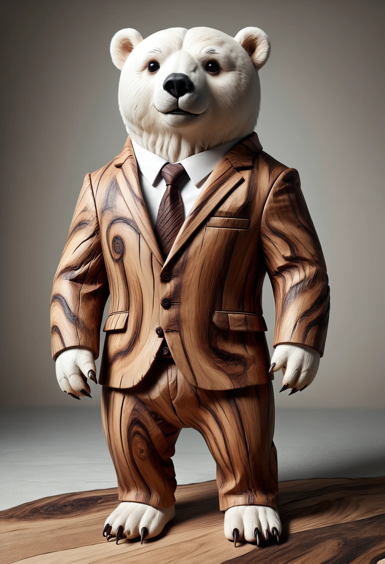 photo of a polar bear standing wearing a business suit made of wood