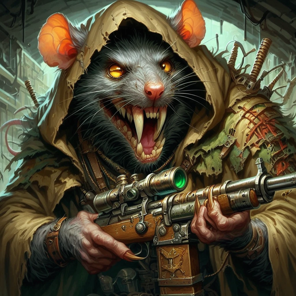 score_9, score_8_up, score_7_up, Skaven, a marskman holding a steampunk rifle, scope, fangs and claws, hooded, scary, cinematic lighting, in the sewer