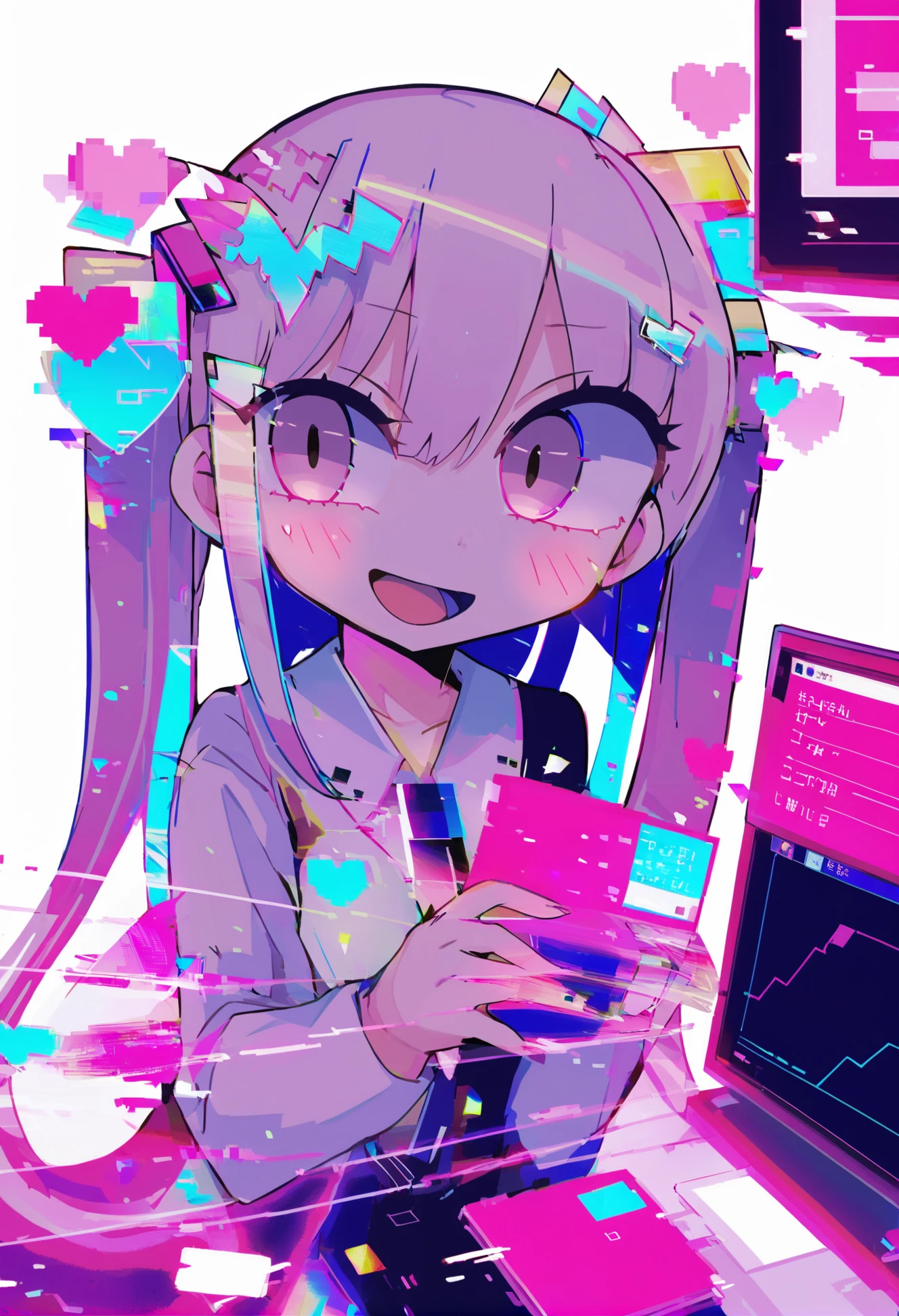 masterpiece,best quality,solo, 1girl, window \(computing\), open mouth, looking at viewer, long hair, smile, long sleeves, twintails, blush, heart, pink eyes, glitch, upper body, wing hair ornament, white background 
 <lora:teraXLlokr4f-000145:0.95>