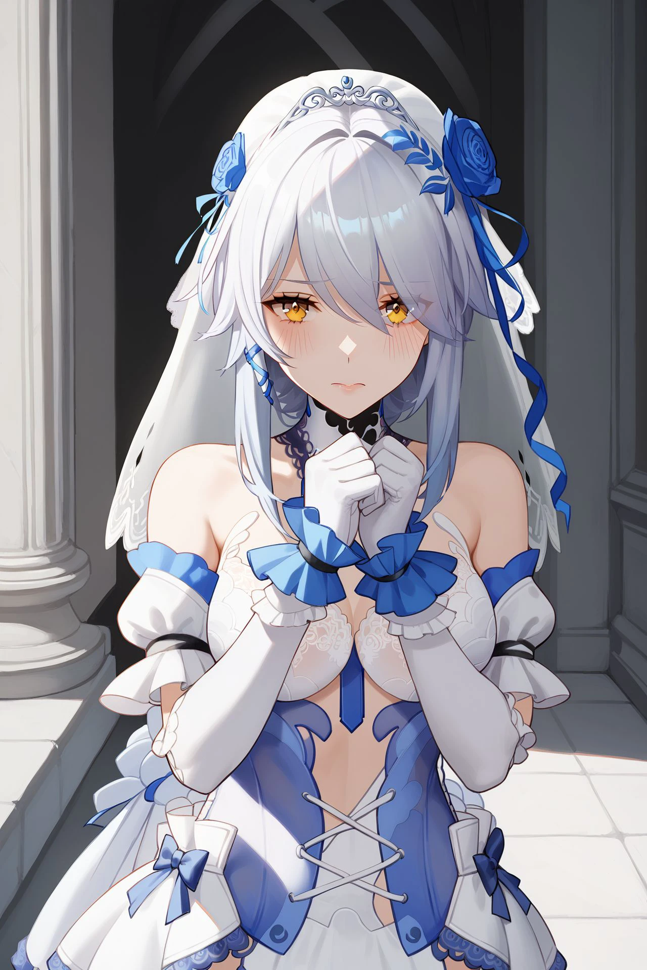 score_8_up, 1girl, solo, blush, embarrassed, looking_at_viewer, <lora:sb-Lyfe-InfiniteSight-FrozeninLove_PonyXL_cha_v01:0.75> sb-lyfe-isfl, dress, gloves, veil, ribbon, hair flower, detached sleeves, lace trim