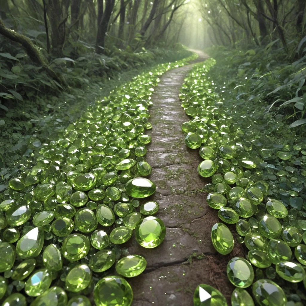 trail, made out of hud_per1d0t_wrld, green gem, glittering, fantastical, whimsical, <lora:peridot:0.7>