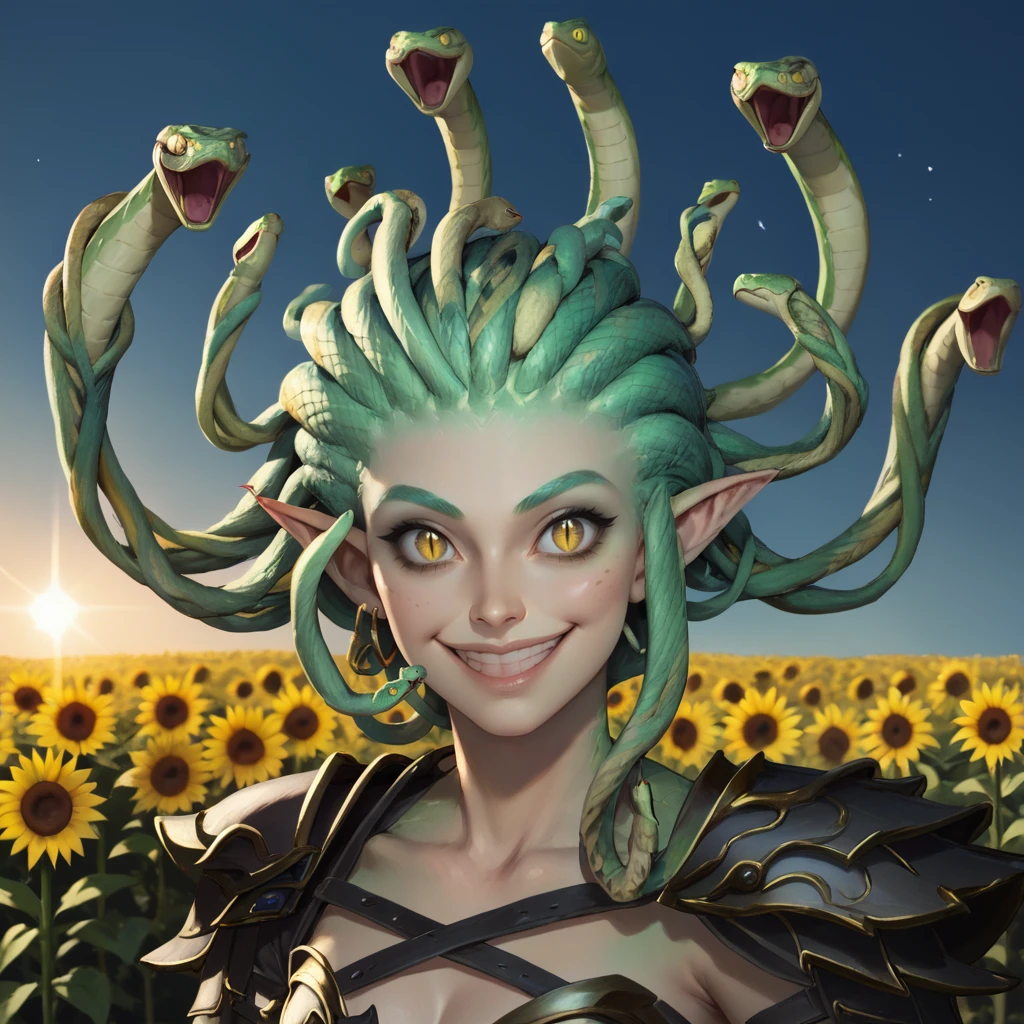 score_9, score_8_up, souce_cartoon, warm lighting,
pointy ears, armor, snake hair, yellow eyes, slit pupils,
happy, smile, sunflowers, sparkles, sunny day, blue sky,
BloodwrackMedusa,
<lora:Bloodwrack_Medusa:1>