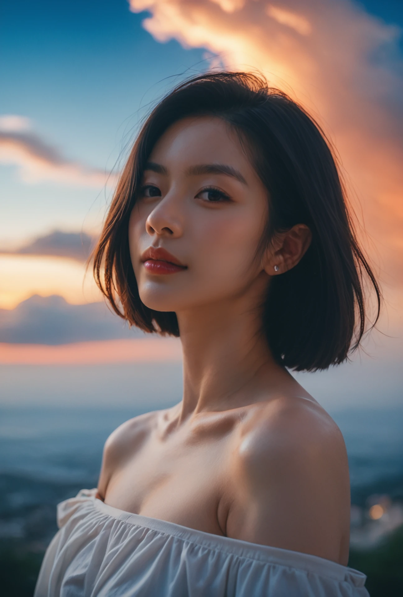score_9, score_8_up, score_7_up, realistic, realism, film grain, photo by fuji-proplus-ii film, raw photo of 20 years old woman in off-shoulder, close up portrait, deep blue sky, cloudy sky, outdoor, high key light, soft shadow, Fiery clouds