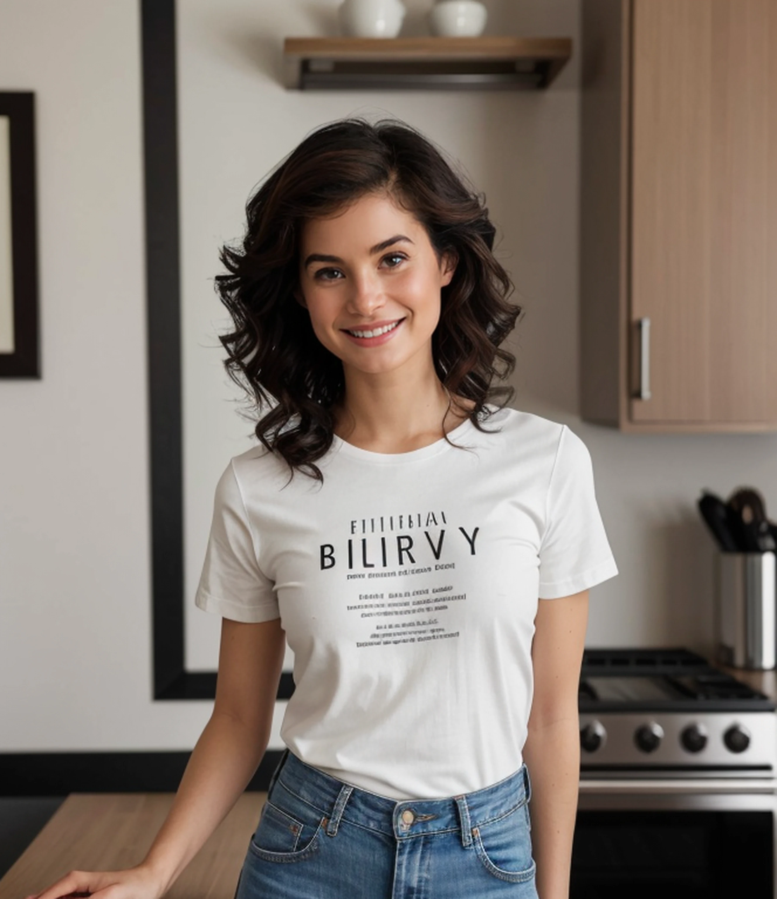 a Realistic (full body:1.2) Shot sharp focus Photograph of L1nds3yG4rr3tt,
Beautiful, detailed face, detailed eyes, warm smile, ((highly detailed skin:1.1)), perfect body, standing on a dining room chair and leaning against a kitchen counter,
wearing jeans and a t-shirt,
best quality, Fashion Photography, Photorealistic, Soft lighting, RAW, analog style, (sharp focus:1.2), 4k, ultra high res, DSLR, high quality, Fujifilm XT3, film grain, award-winning, masterpiece, <lora:breastsizeslideroffset:-0.3>