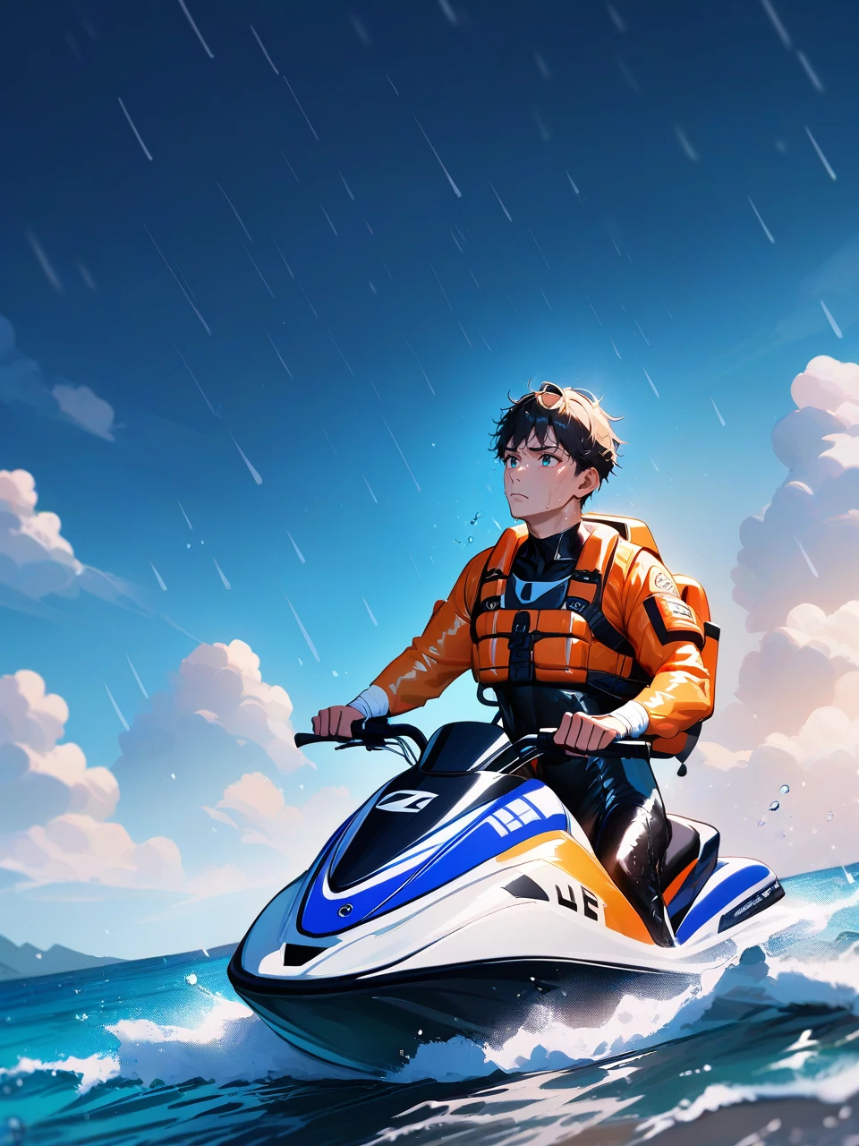 score_9, score_8_up, score_7_up, source_anime, best quality, perfect anatomy , very aesthetic , absurdres ,
1boy, 50-year old man, short hair, wrinkled face, solo,
diving suit, life jacket, sad, unhappy, dark cloud, dark sky, black sky, ((heavy rain)), wet, 
(mas jetski), riding blue and black jetski, sea, 
rating_safe,   <lora:jetski_3x3x3mixxlv2_2_sdxl:1>,